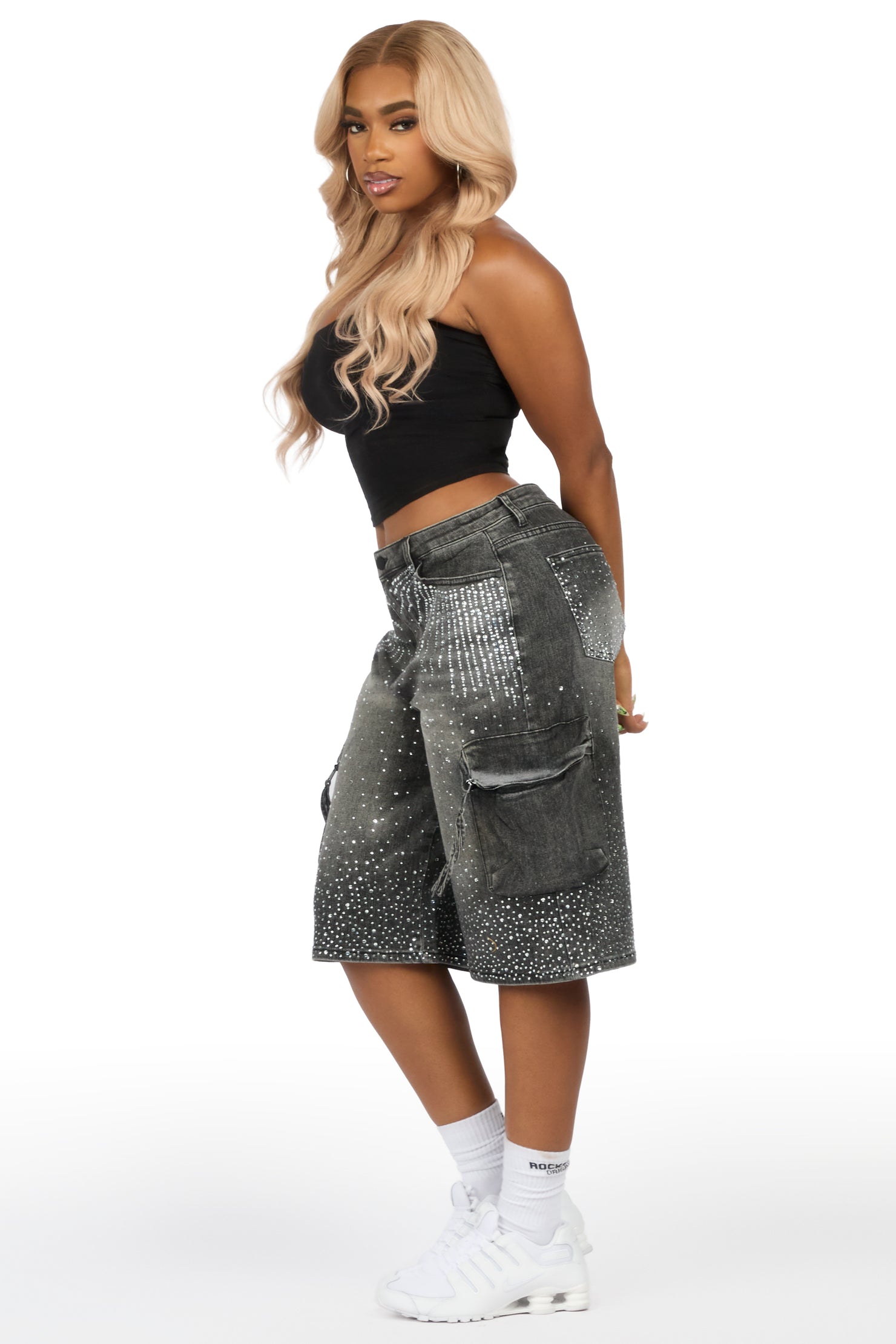 Lashandra Grey Wash Rhinestone Denim Jort