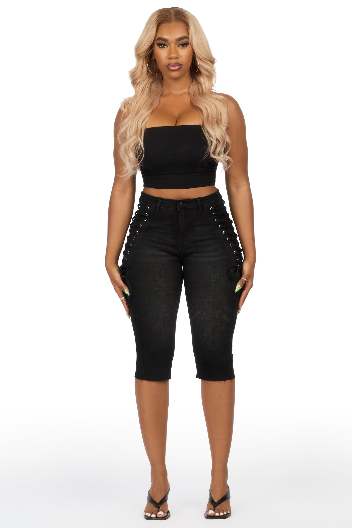 Brittani Black Denim Lace Up Capri