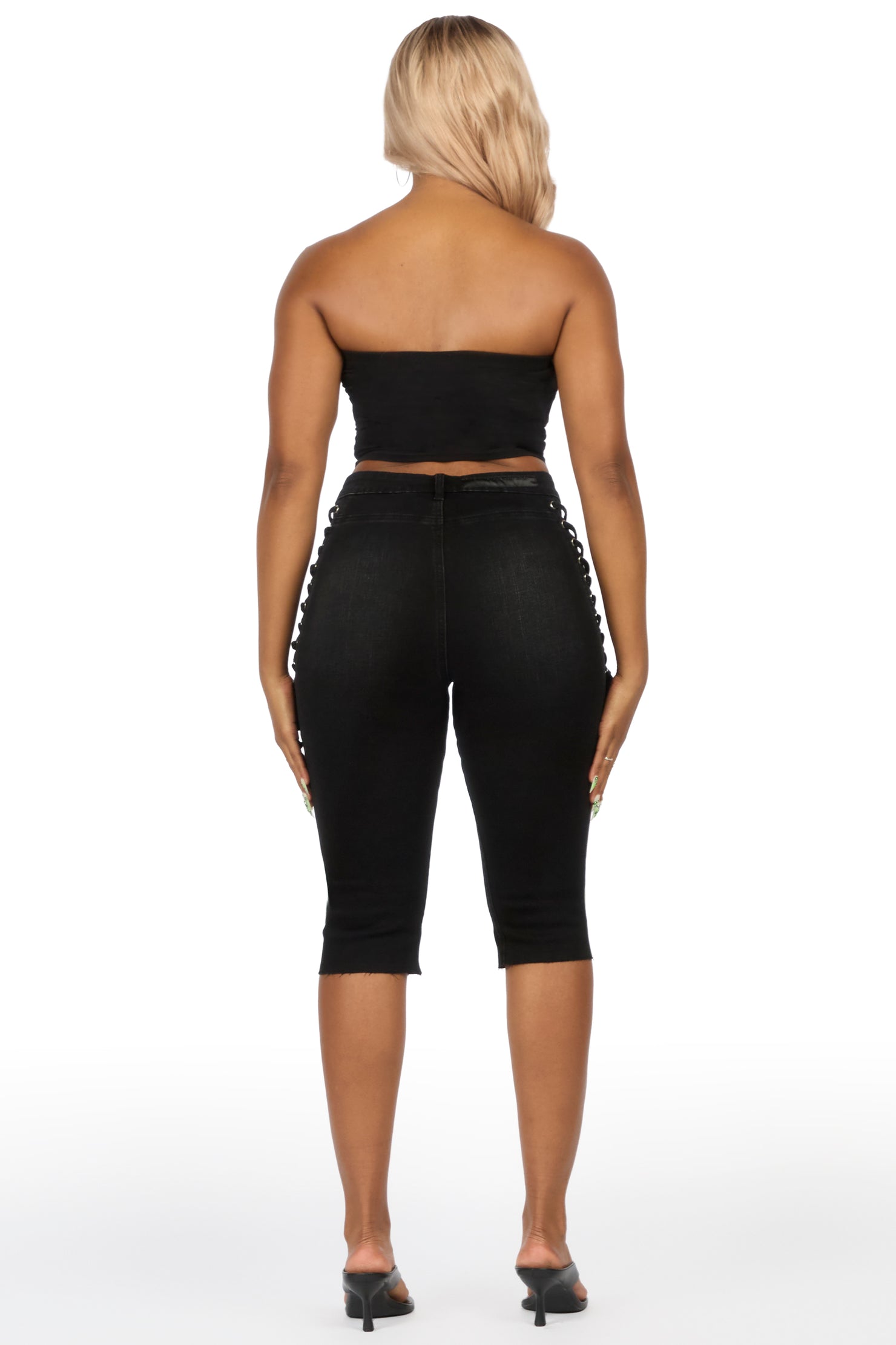 Brittani Black Denim Lace Up Capri