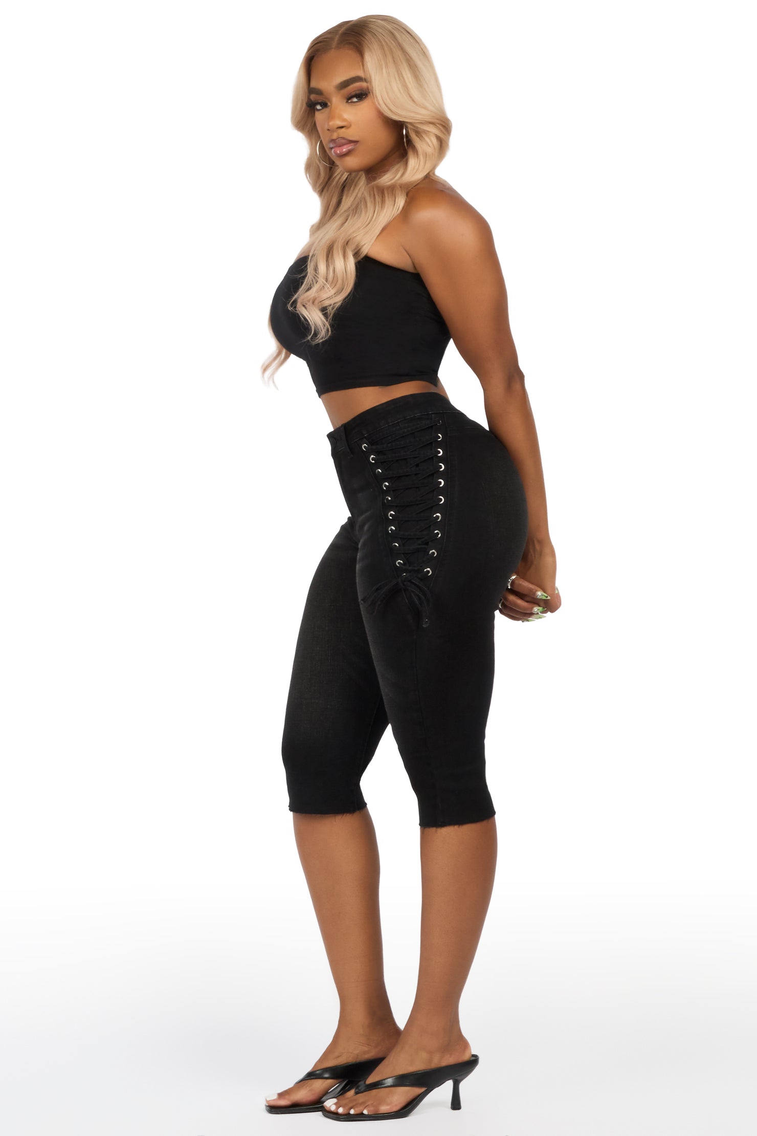 Brittani Black Denim Lace Up Capri