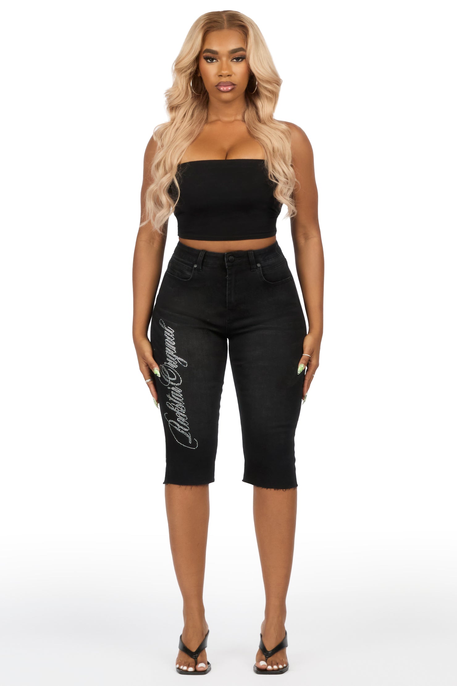 Teandra Black Rhinestone Denim Capri