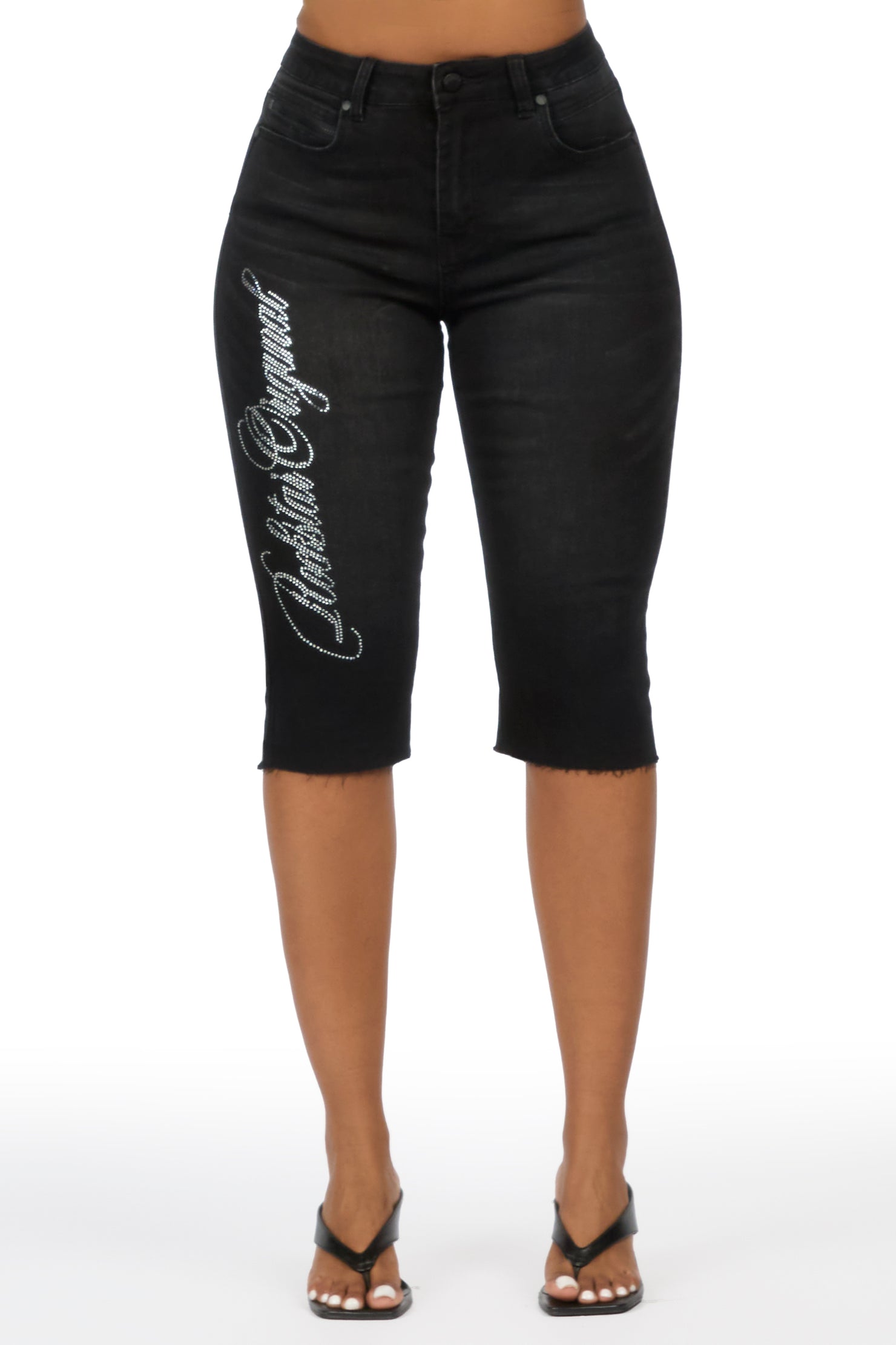 Teandra Black Rhinestone Denim Capri