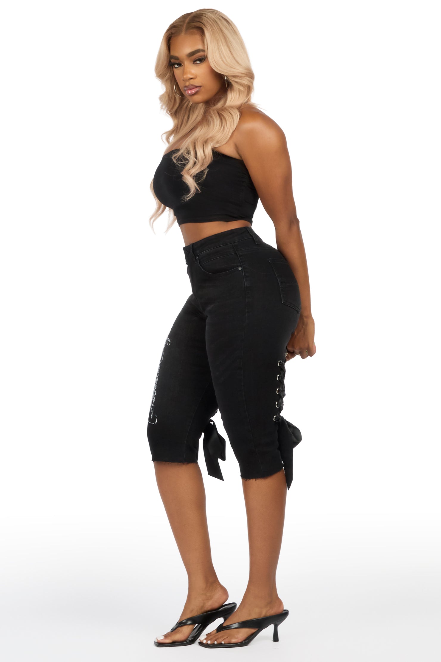 Teandra Black Rhinestone Denim Capri