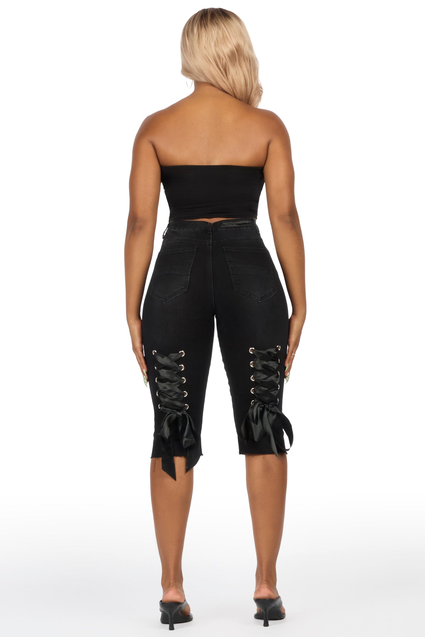 Teandra Black Rhinestone Denim Capri