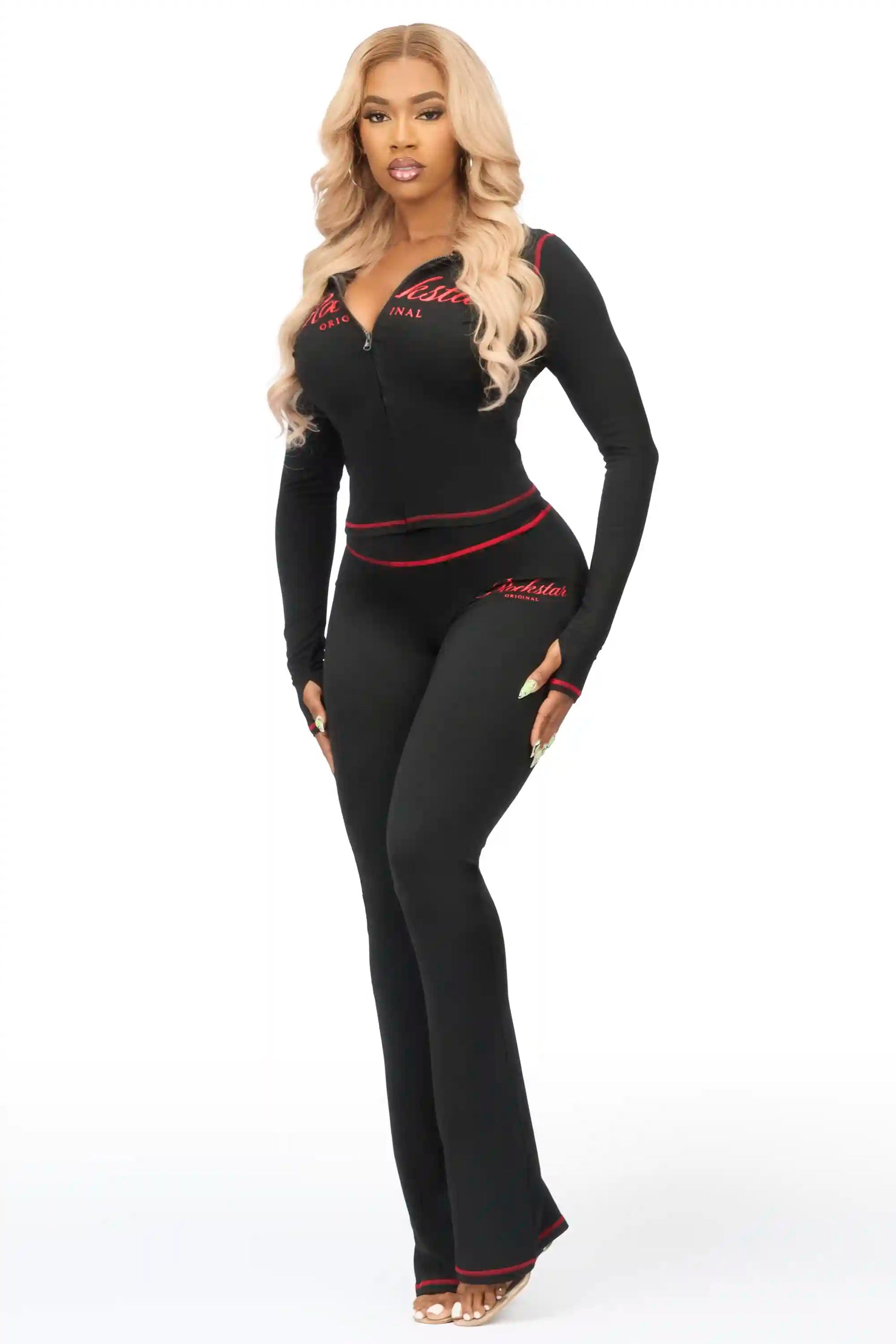 Arzena Black/Red Zip Up Lounge Track Set