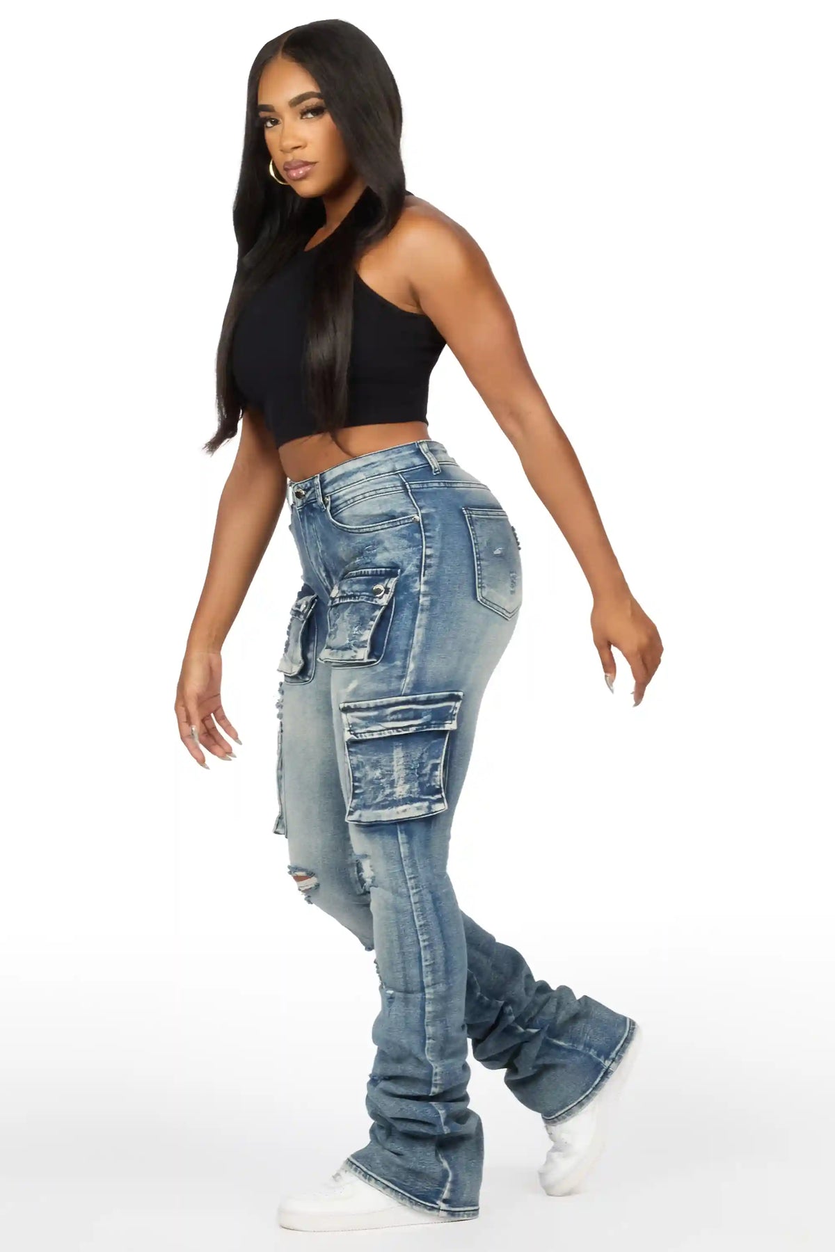 Noor Tinted Dark Wash Cargo Super Stacked Jean