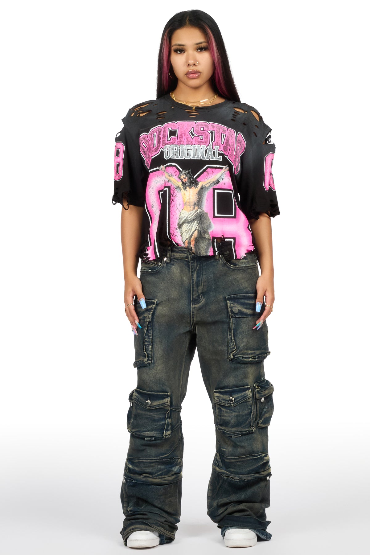 Tariqa 2.0 Black/Pink Distressed Oversized T-Shirt