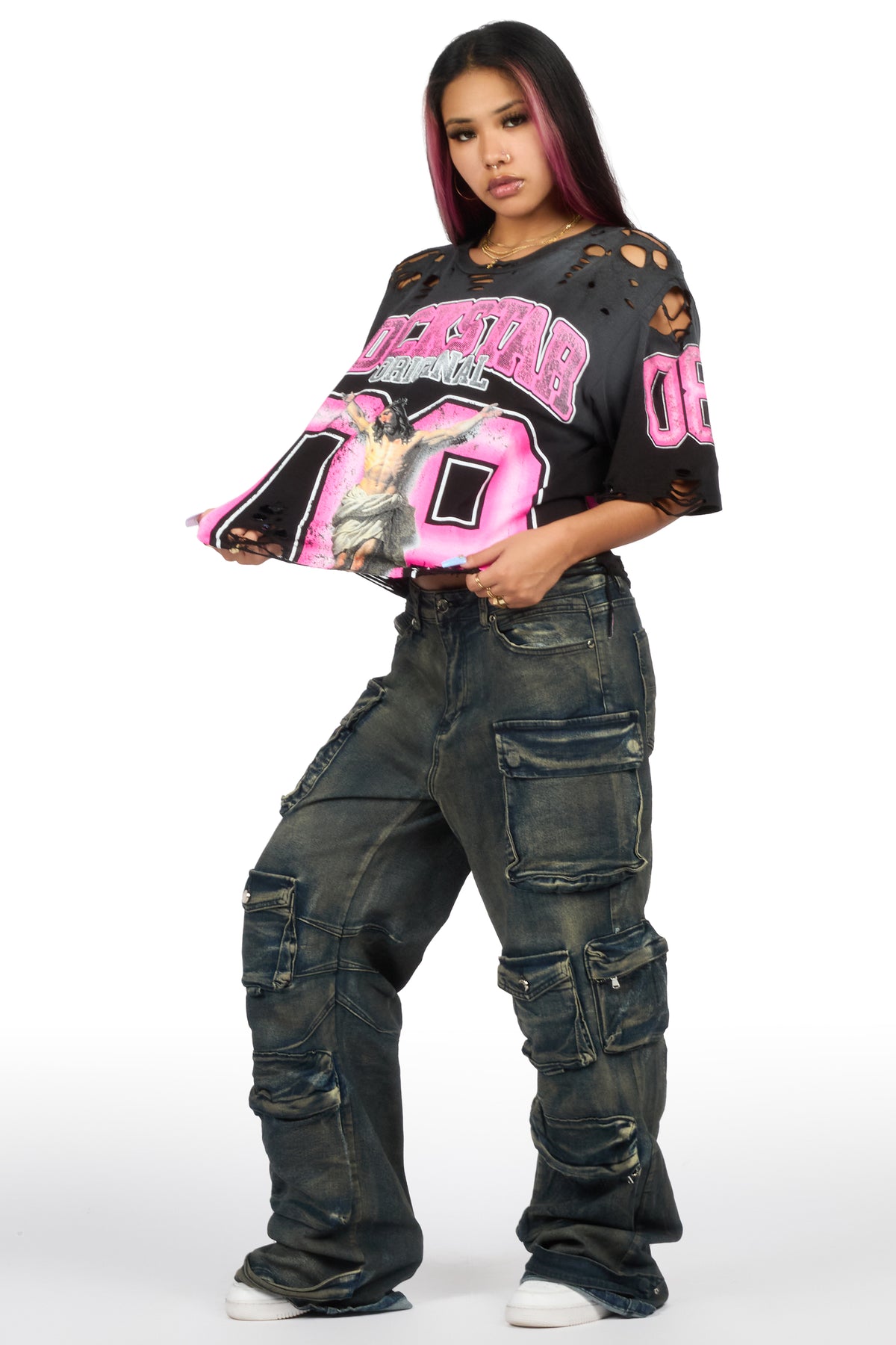 Tariqa 2.0 Black/Pink Distressed Oversized T-Shirt
