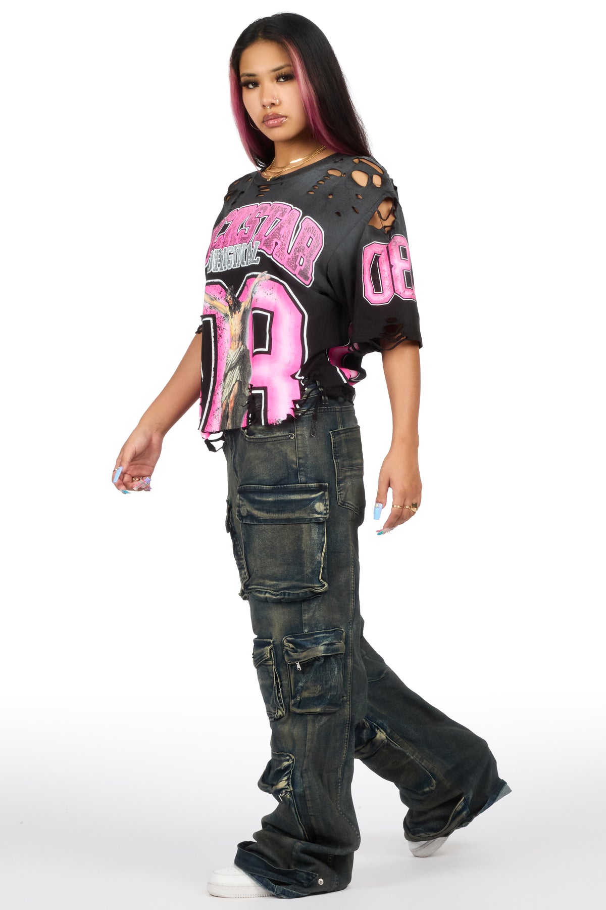 Tariqa 2.0 Black/Pink Distressed Oversized T-Shirt