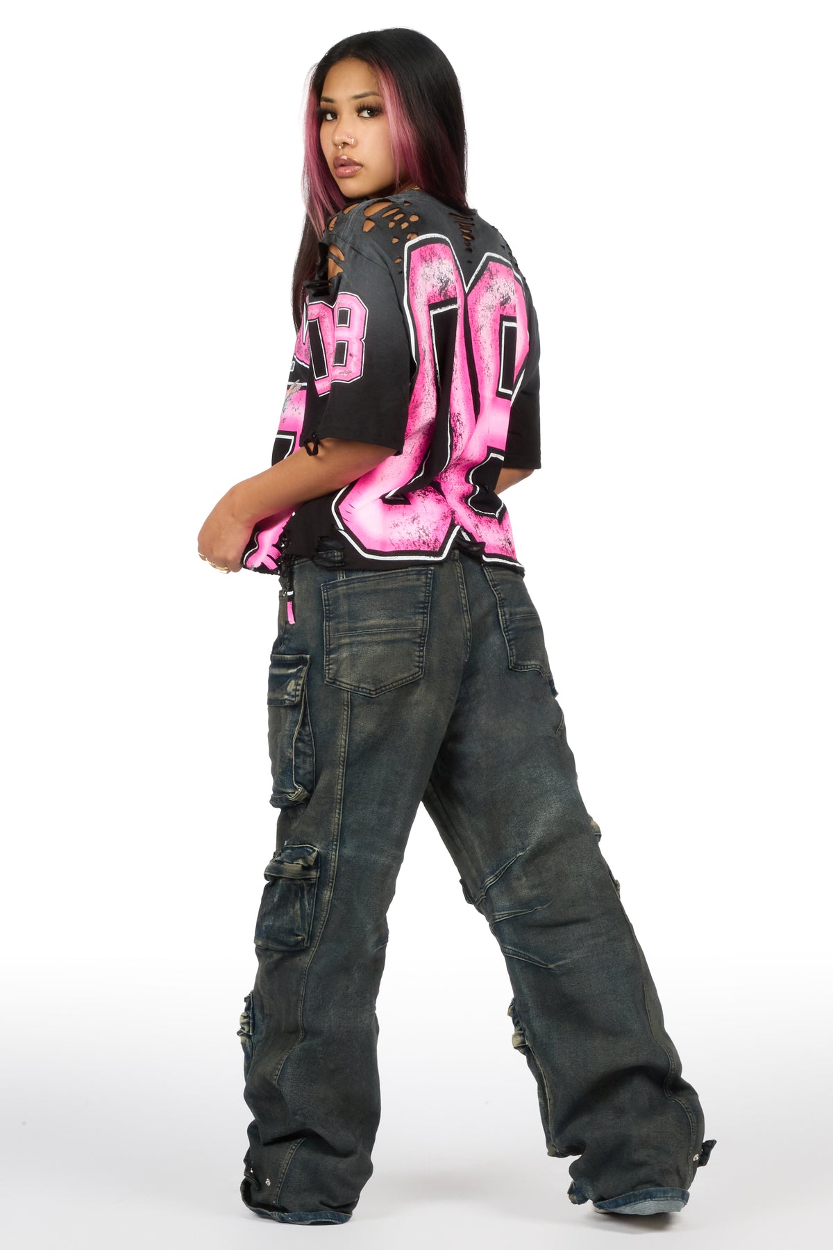 Tariqa 2.0 Black/Pink Distressed Oversized T-Shirt