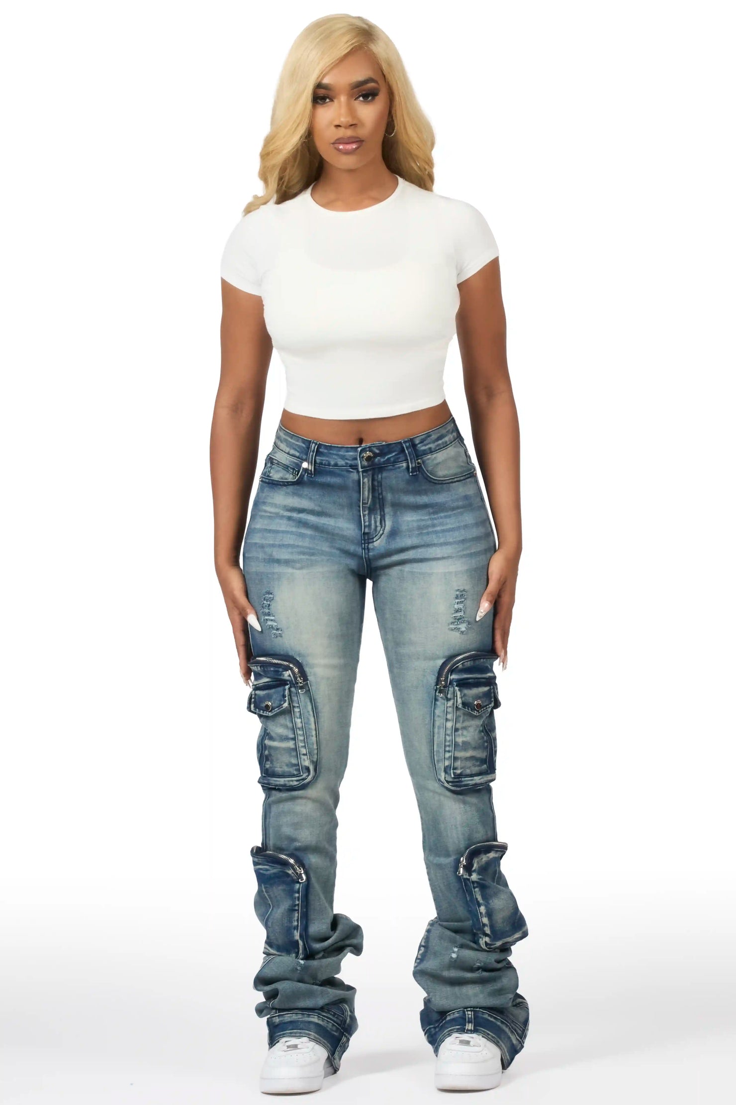 Alisson Dark Wash Tinted Cargo Super Stacked Jean