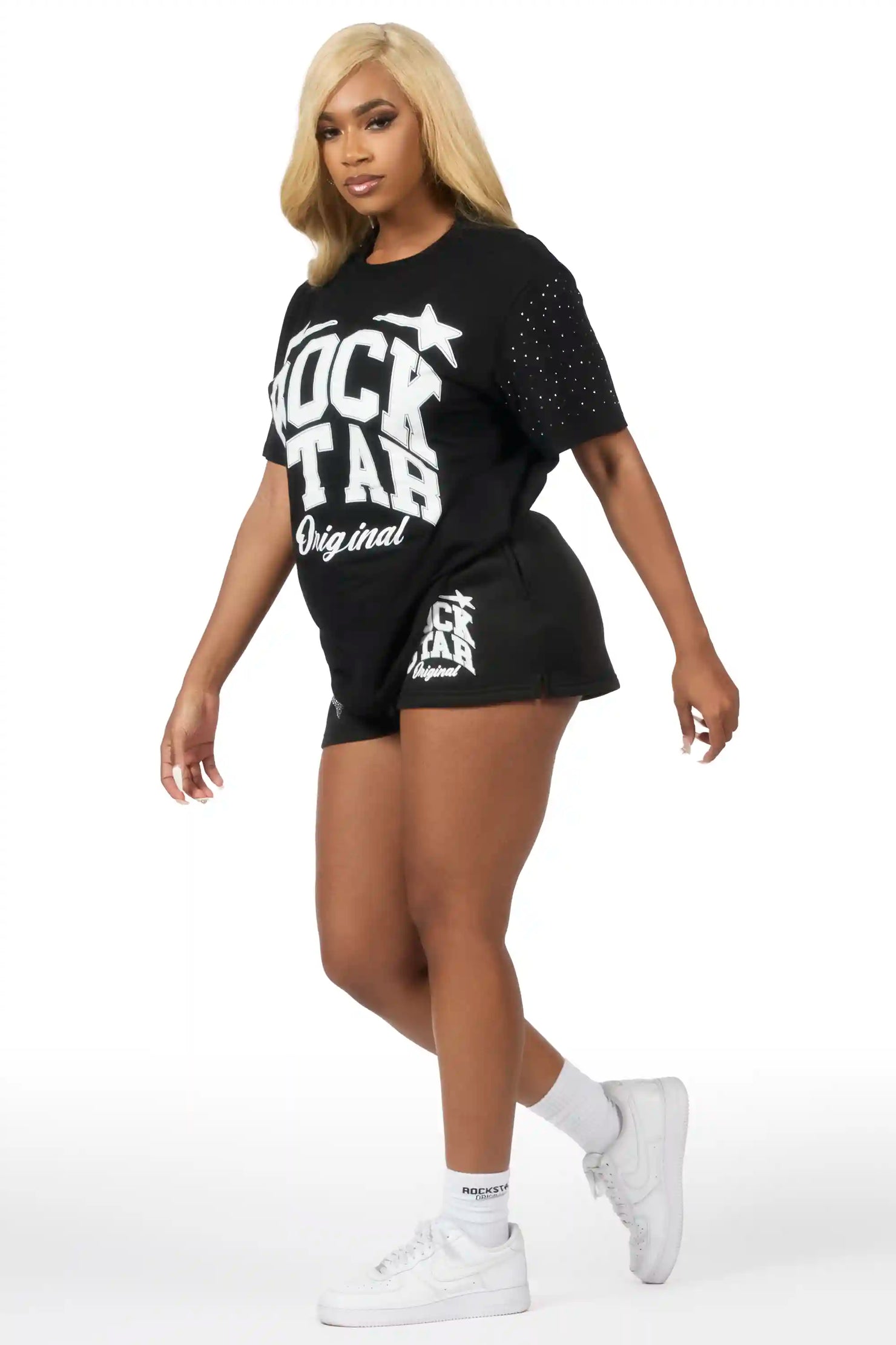Flaveya Black Rhinestone T-Shirt Short Set