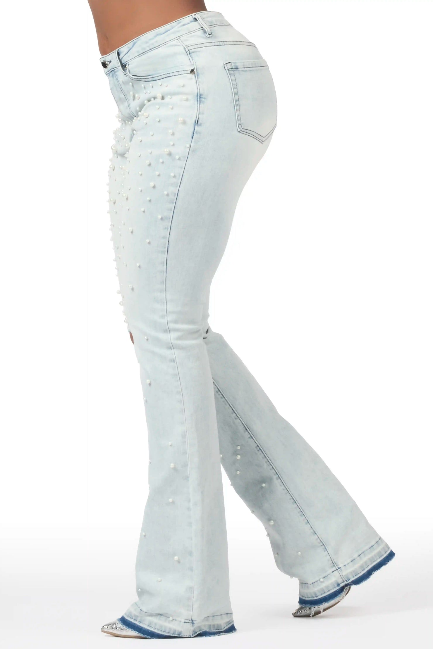 Katrell Light Wash Pearl Stacked Flare Jean
