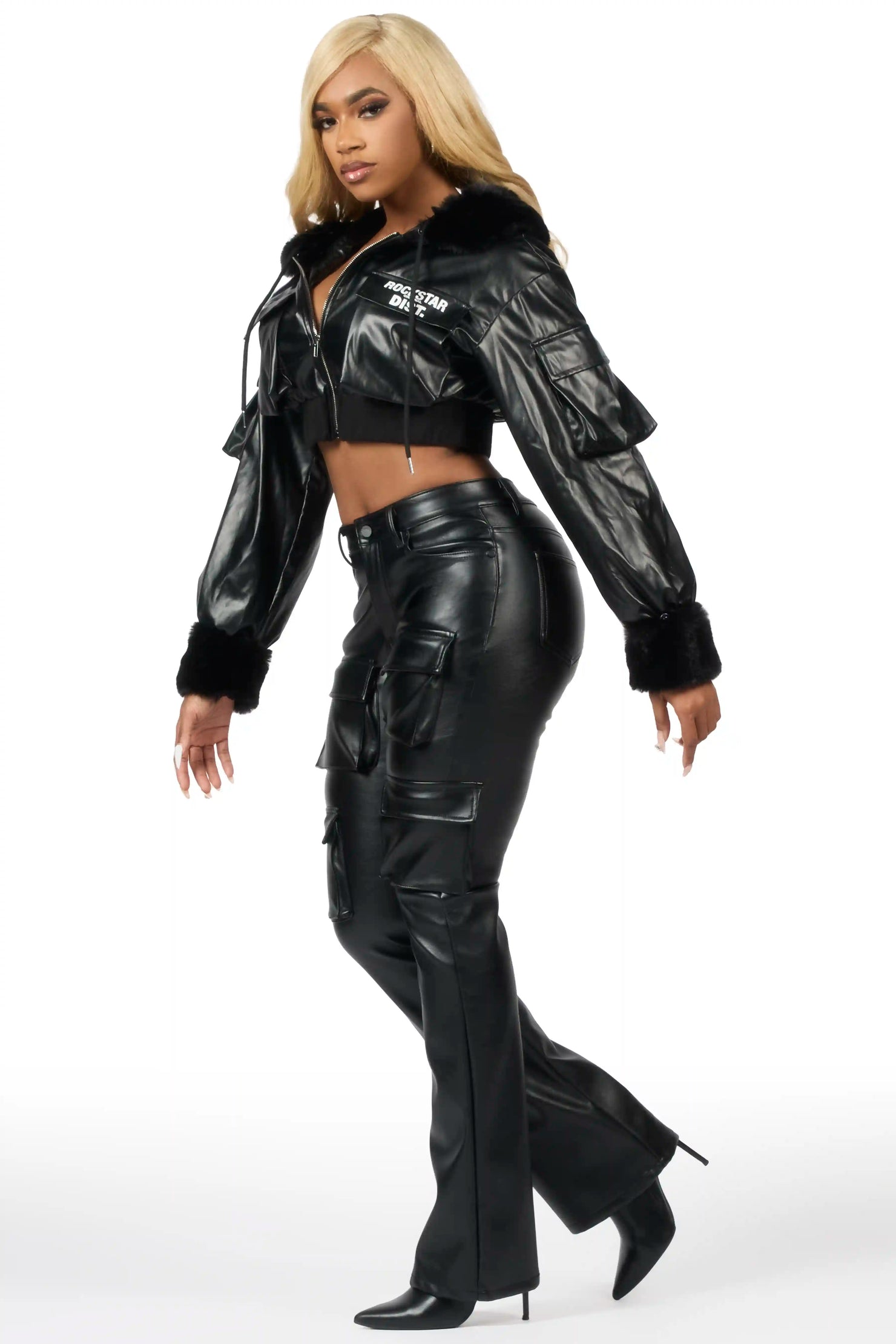 Luxola Black PU Cargo Stacked Flare Pant