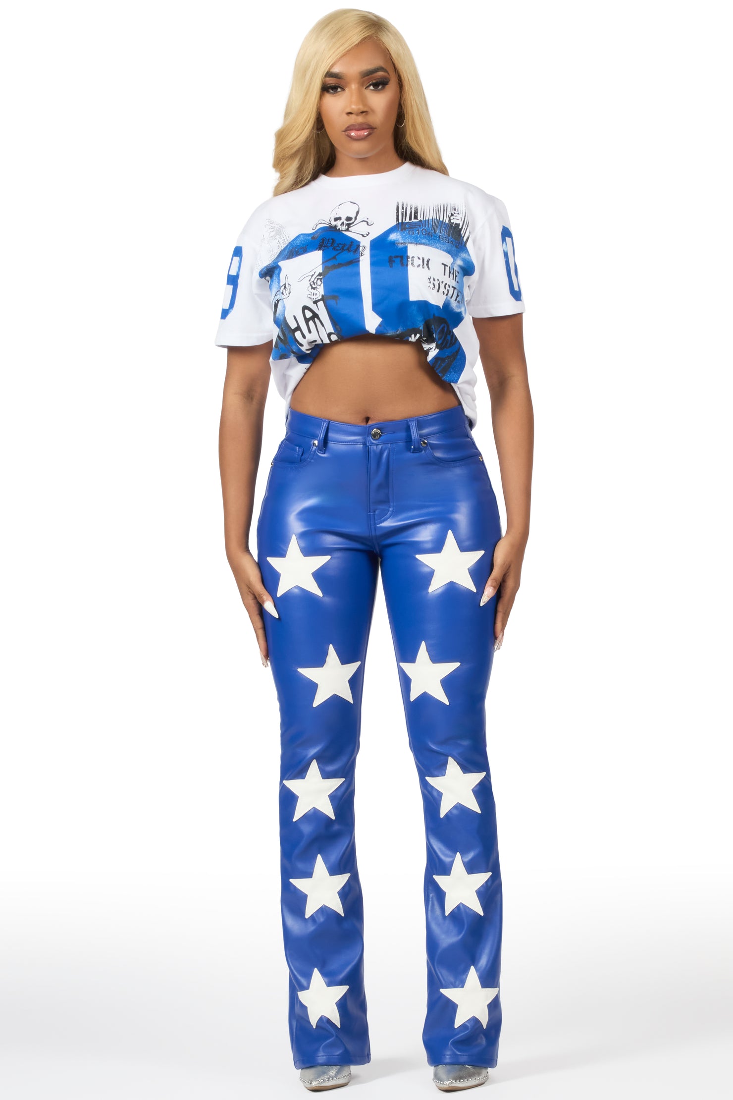 Takera Royal Blue PU Stacked Flare Pant