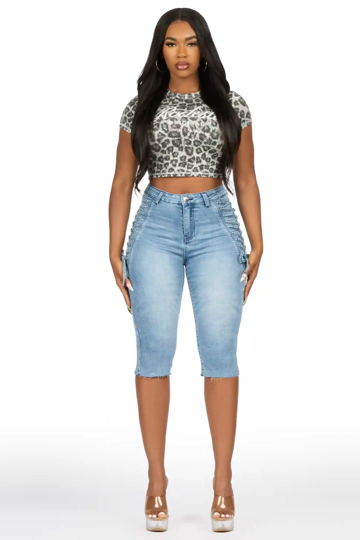 Brittani Light Wash Denim Lace Up Capri