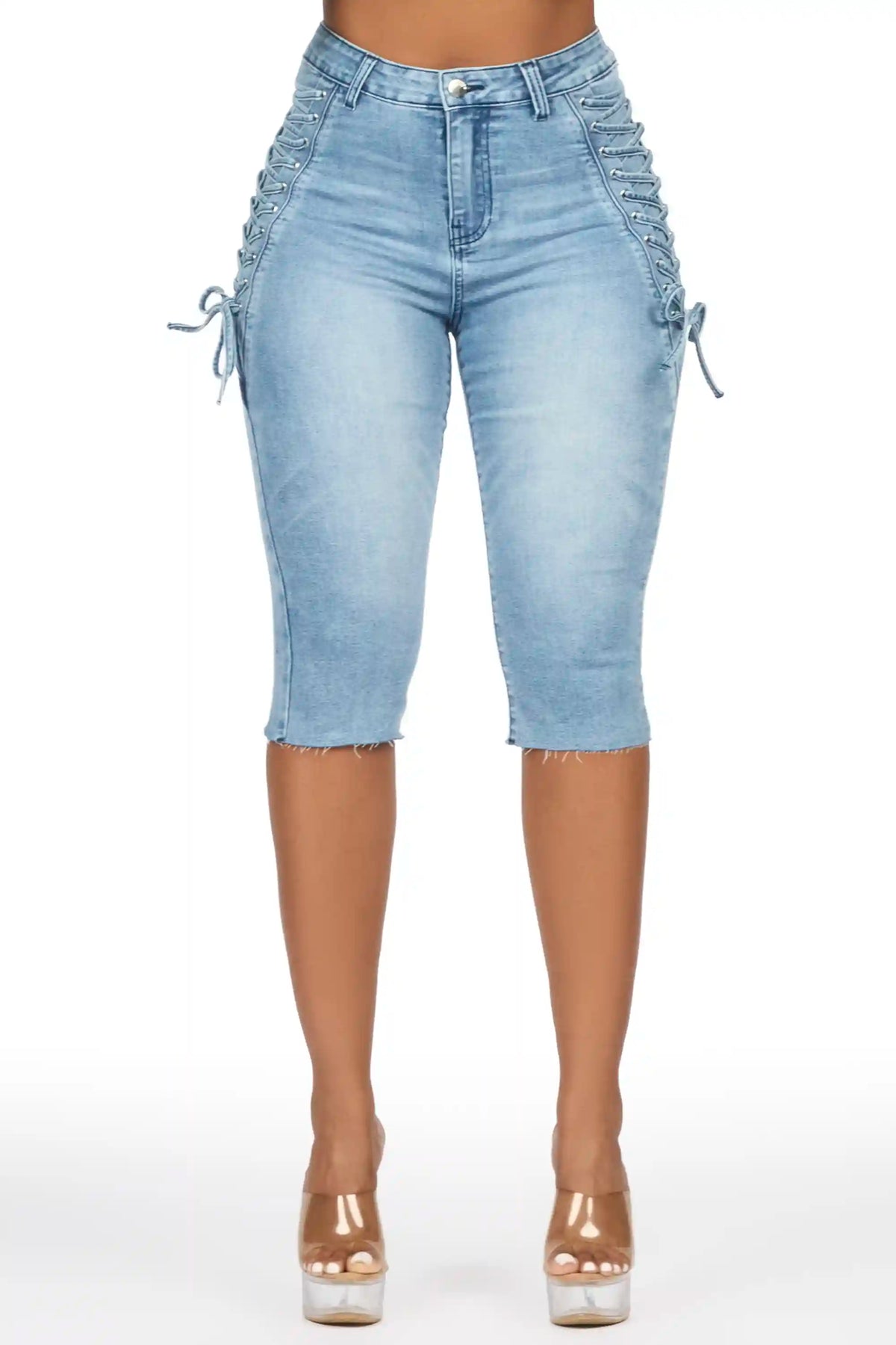 Brittani Light Wash Denim Lace Up Capri