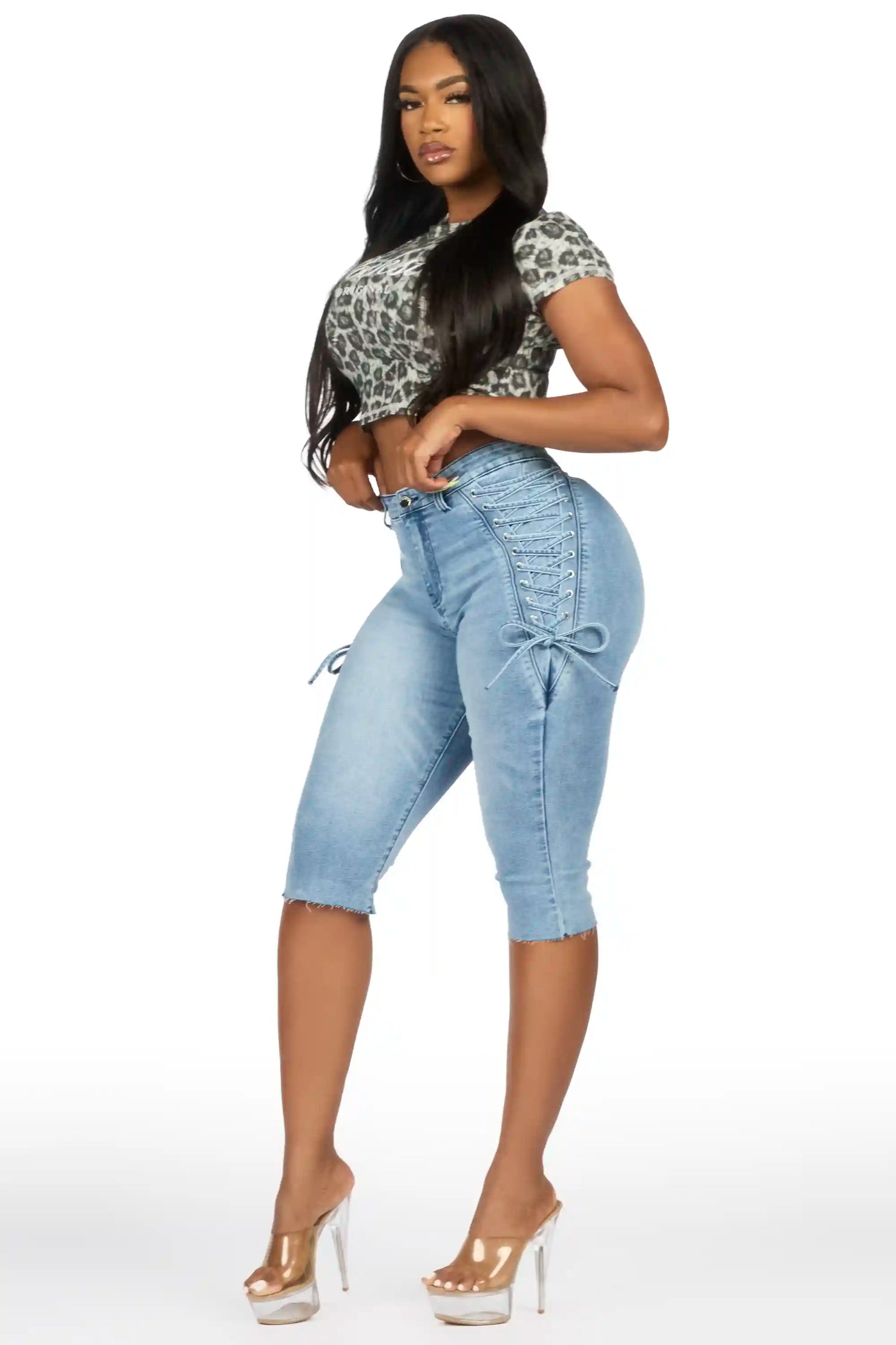 Brittani Light Wash Denim Lace Up Capri
