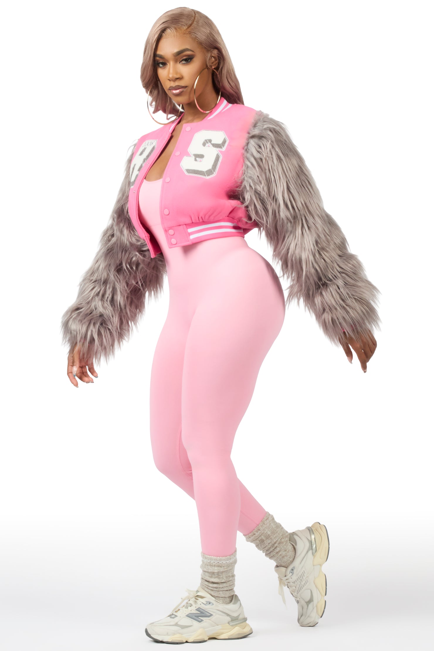Jameicia Pink/Grey Fur Sleeve Varsity Jacket