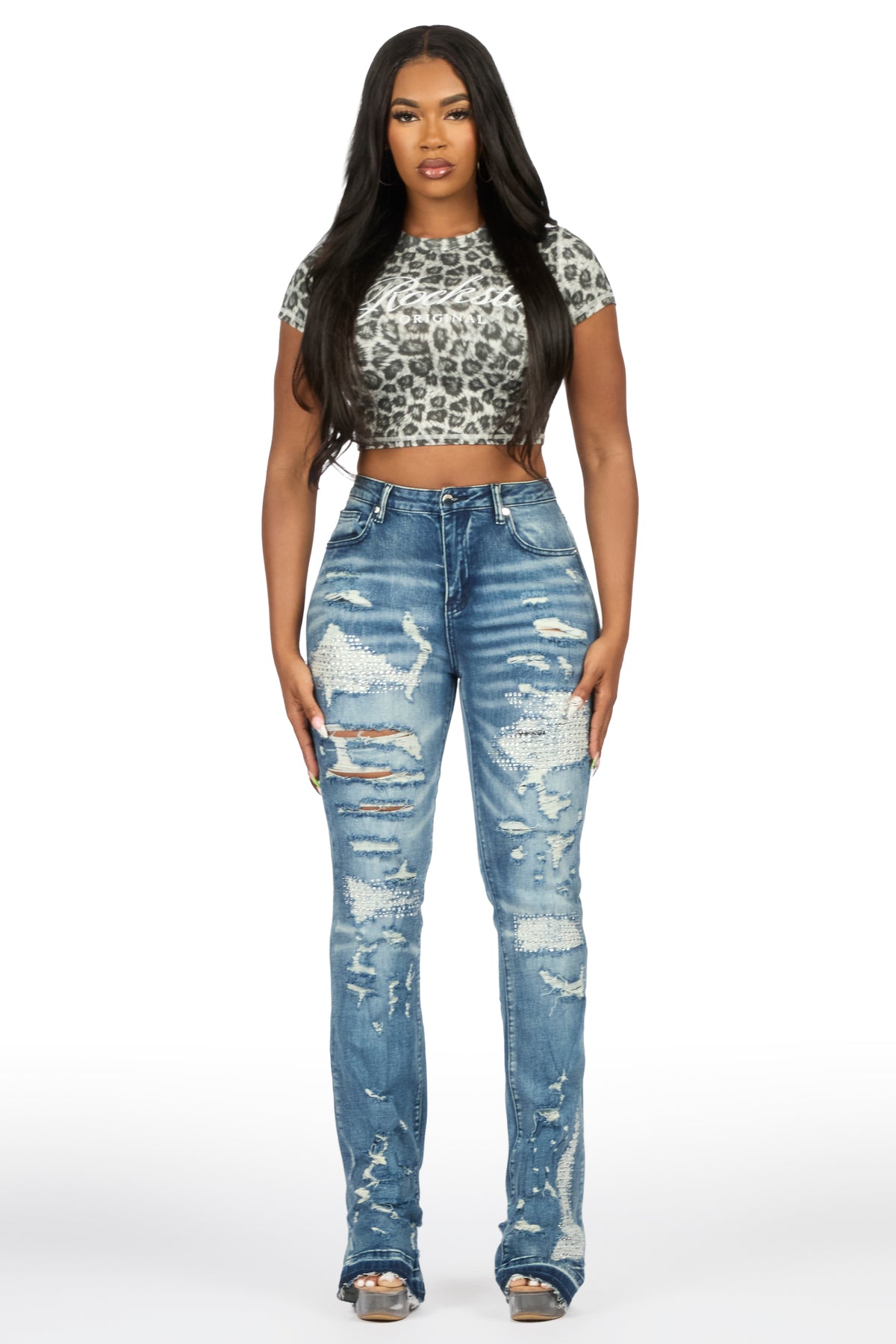Kyesha Med.Wash Rhinestone Stacked Flare Jean