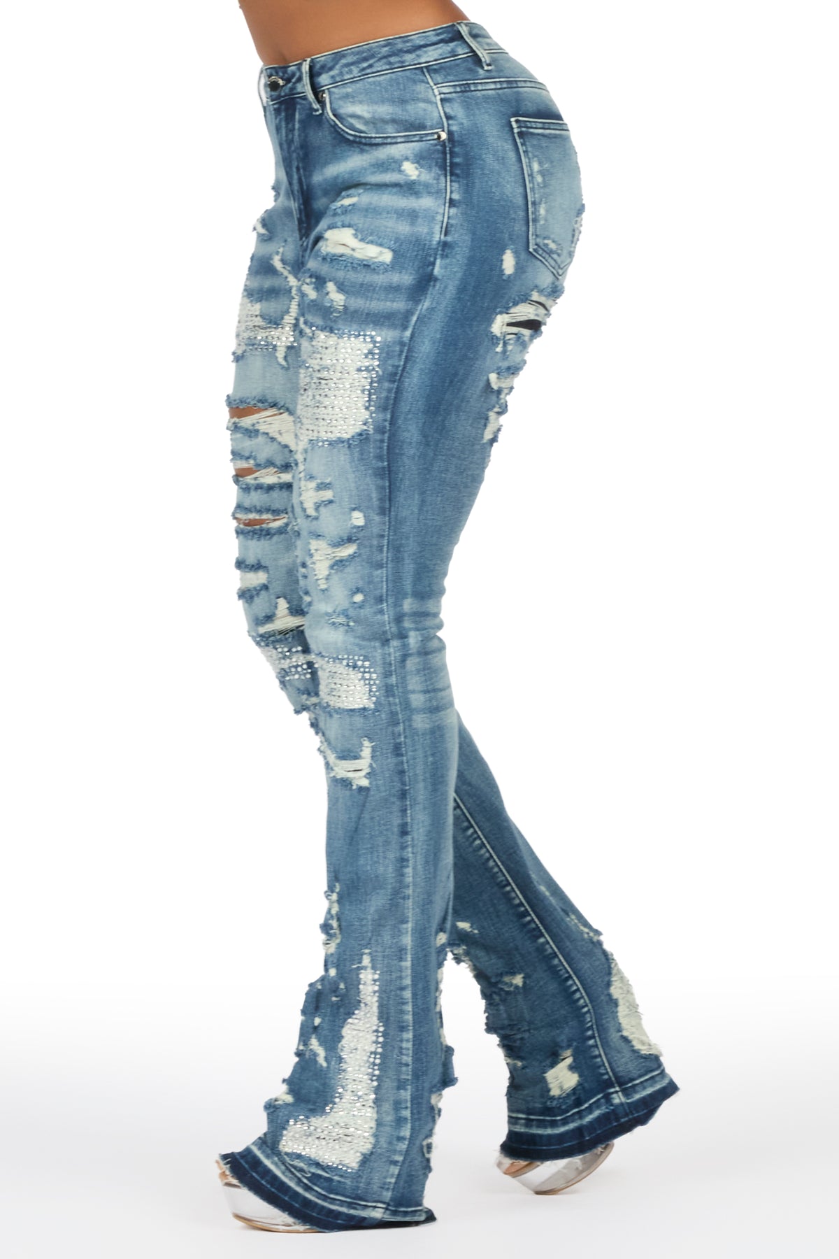 Kyesha Med.Wash Rhinestone Stacked Flare Jean