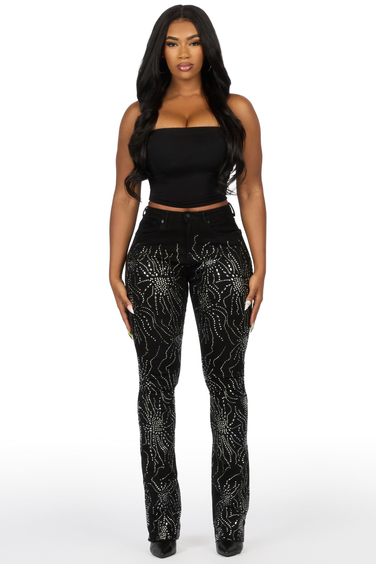 Deidra Black Rhinestone Stacked Flare Jean