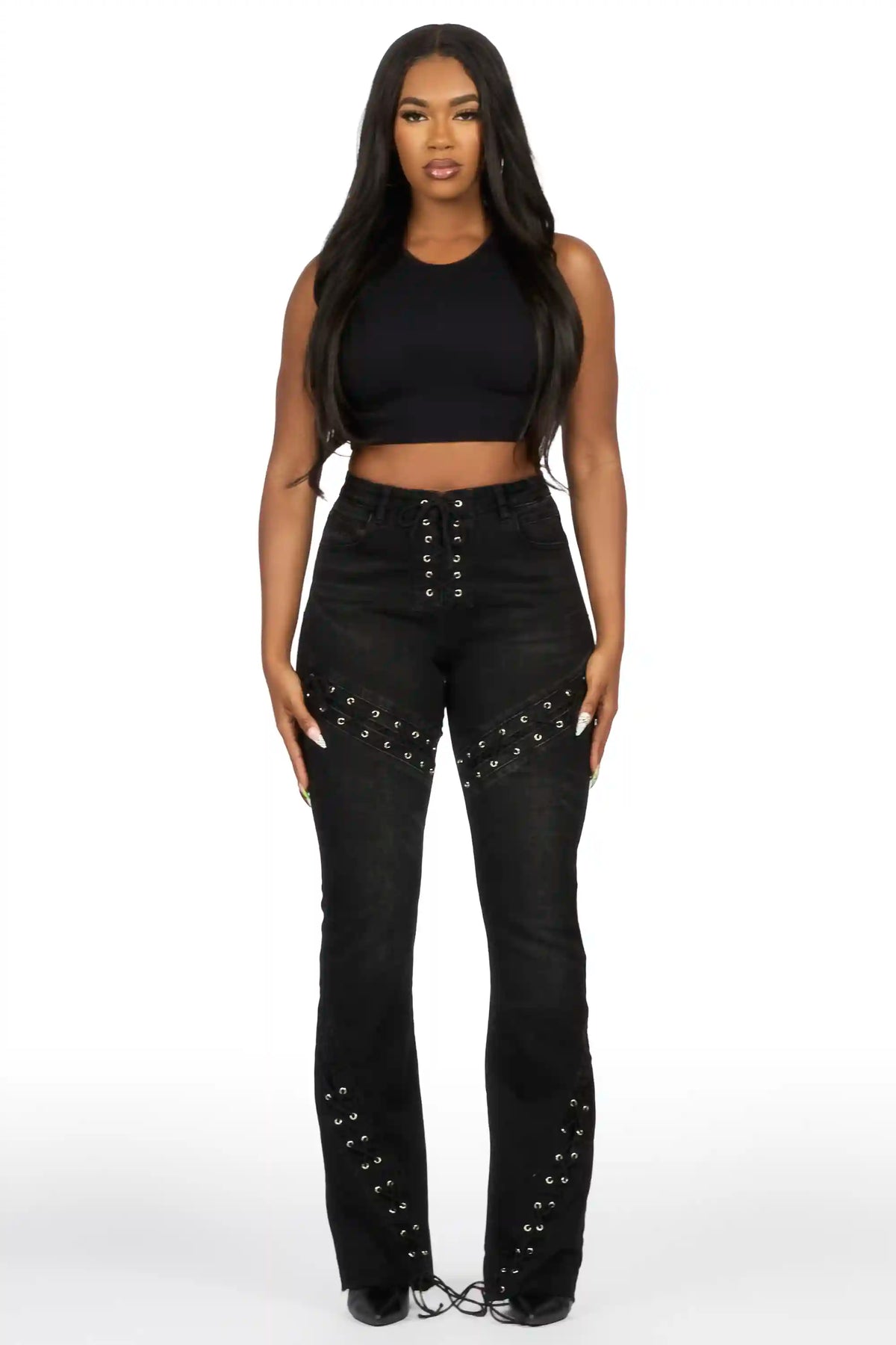 Shanai Black Lace Up Stacked Flare Jean