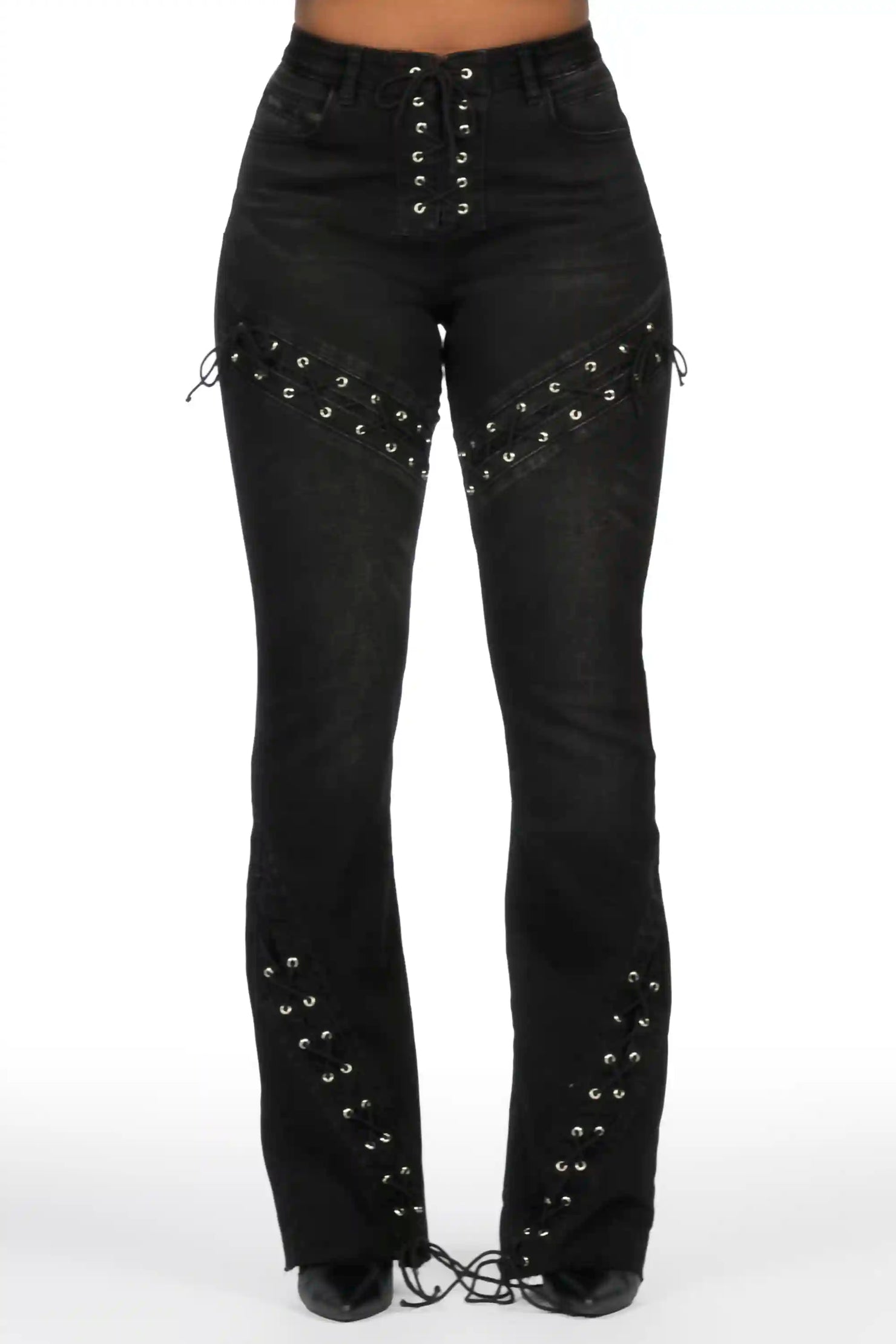 Shanai Black Lace Up Stacked Flare Jean
