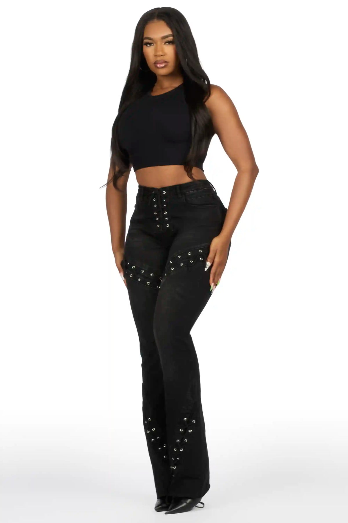 Shanai Black Lace Up Stacked Flare Jean
