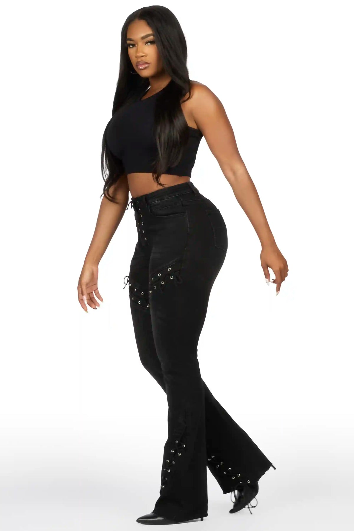 Shanai Black Lace Up Stacked Flare Jean