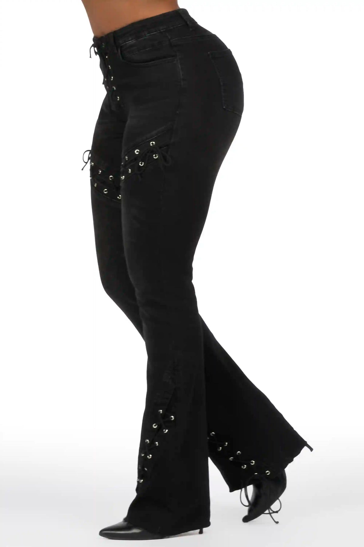 Shanai Black Lace Up Stacked Flare Jean