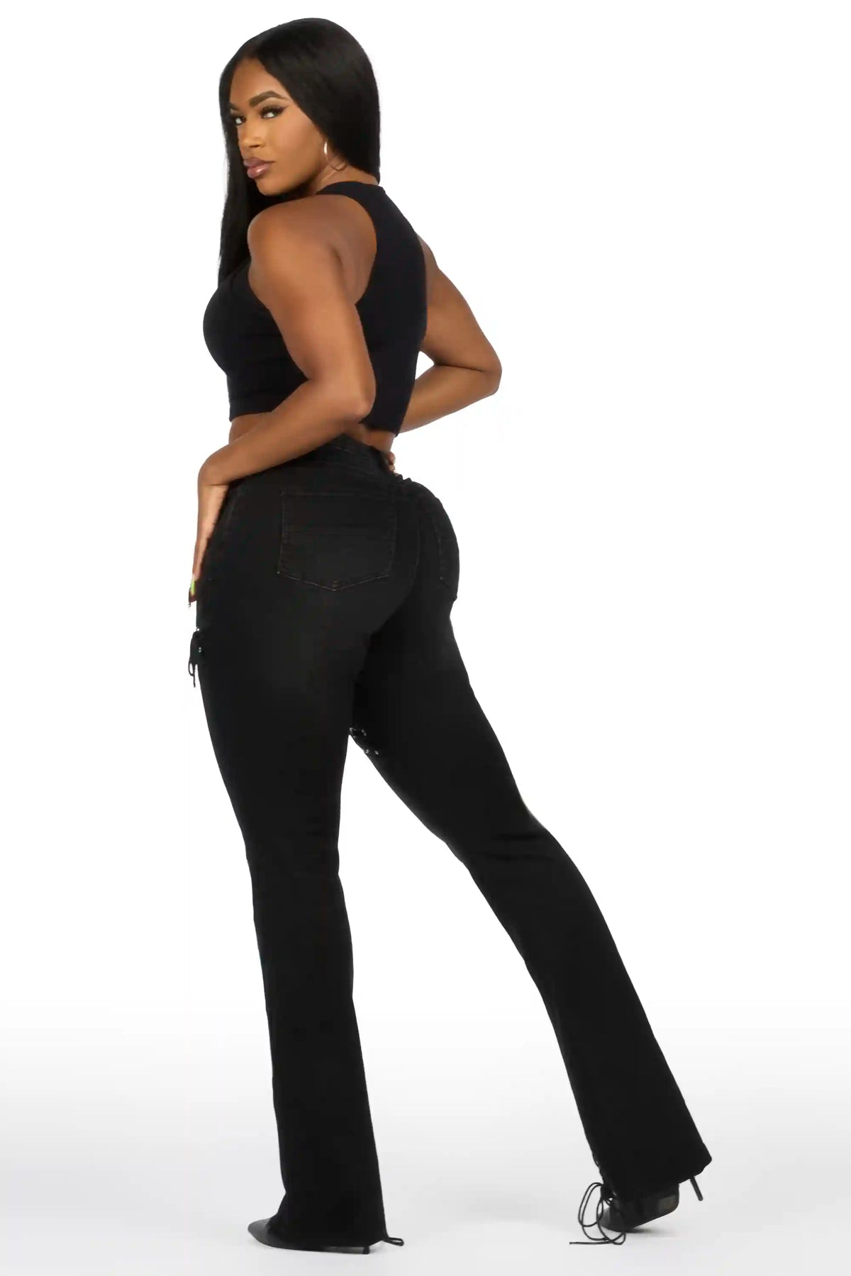 Shanai Black Lace Up Stacked Flare Jean
