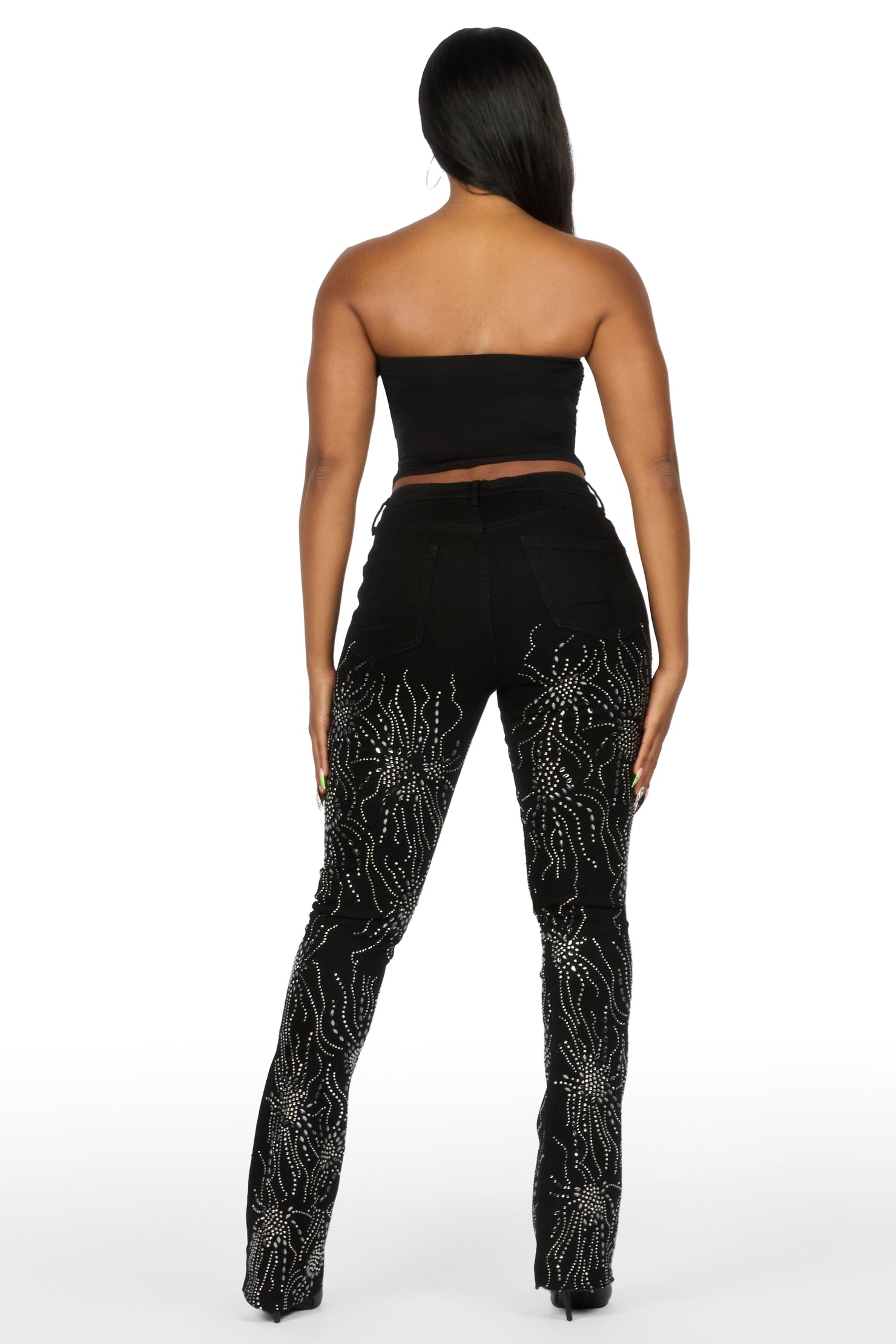 Deidra Black Rhinestone Stacked Flare Jean
