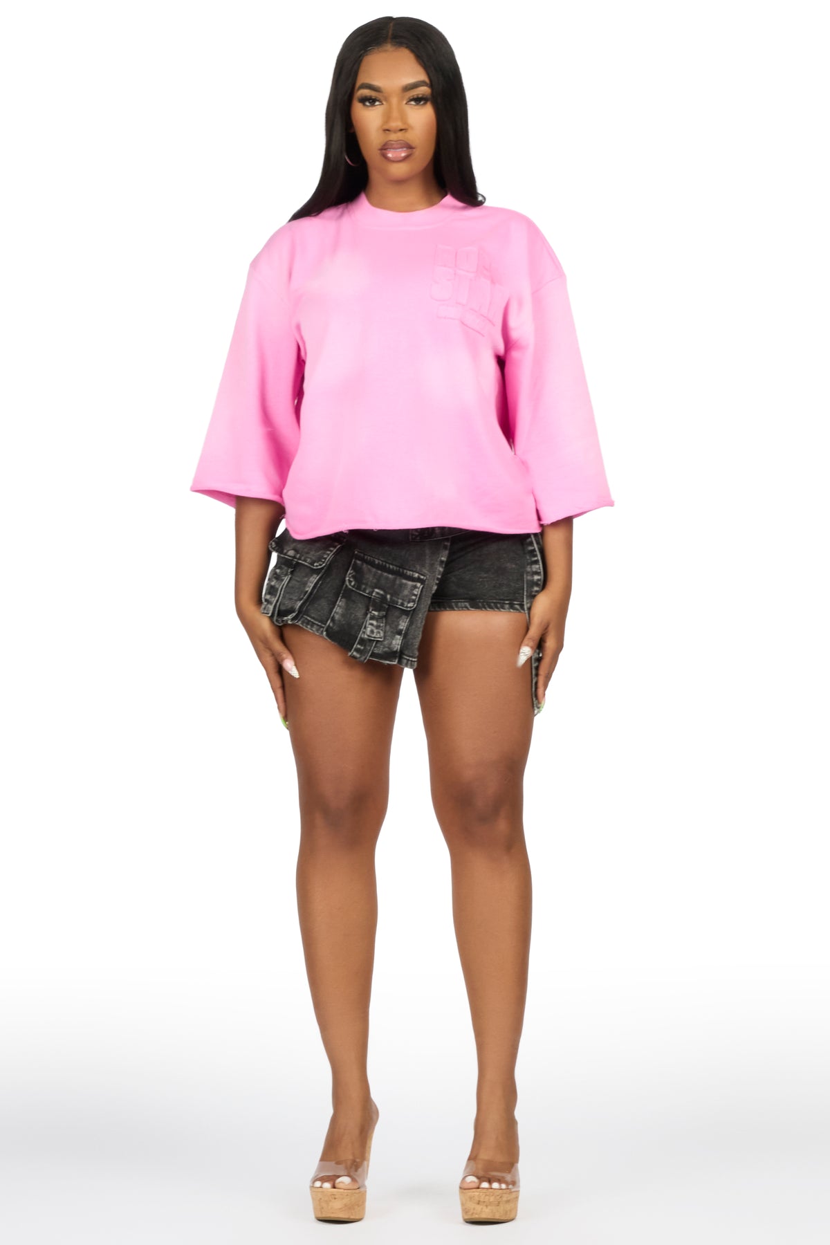 Shablona Pink 3/4 Boxy Crop Tee Shirt