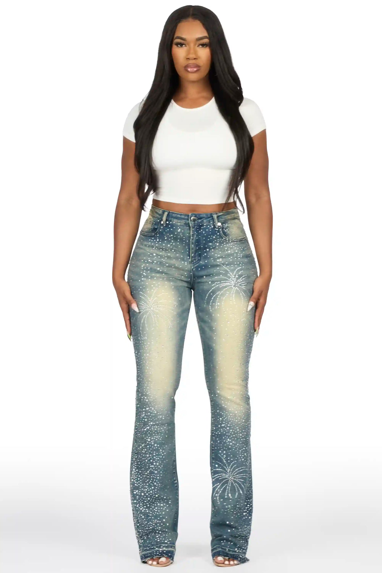 Jamella Dark Wash Rhinestone Stacked Flare Jean