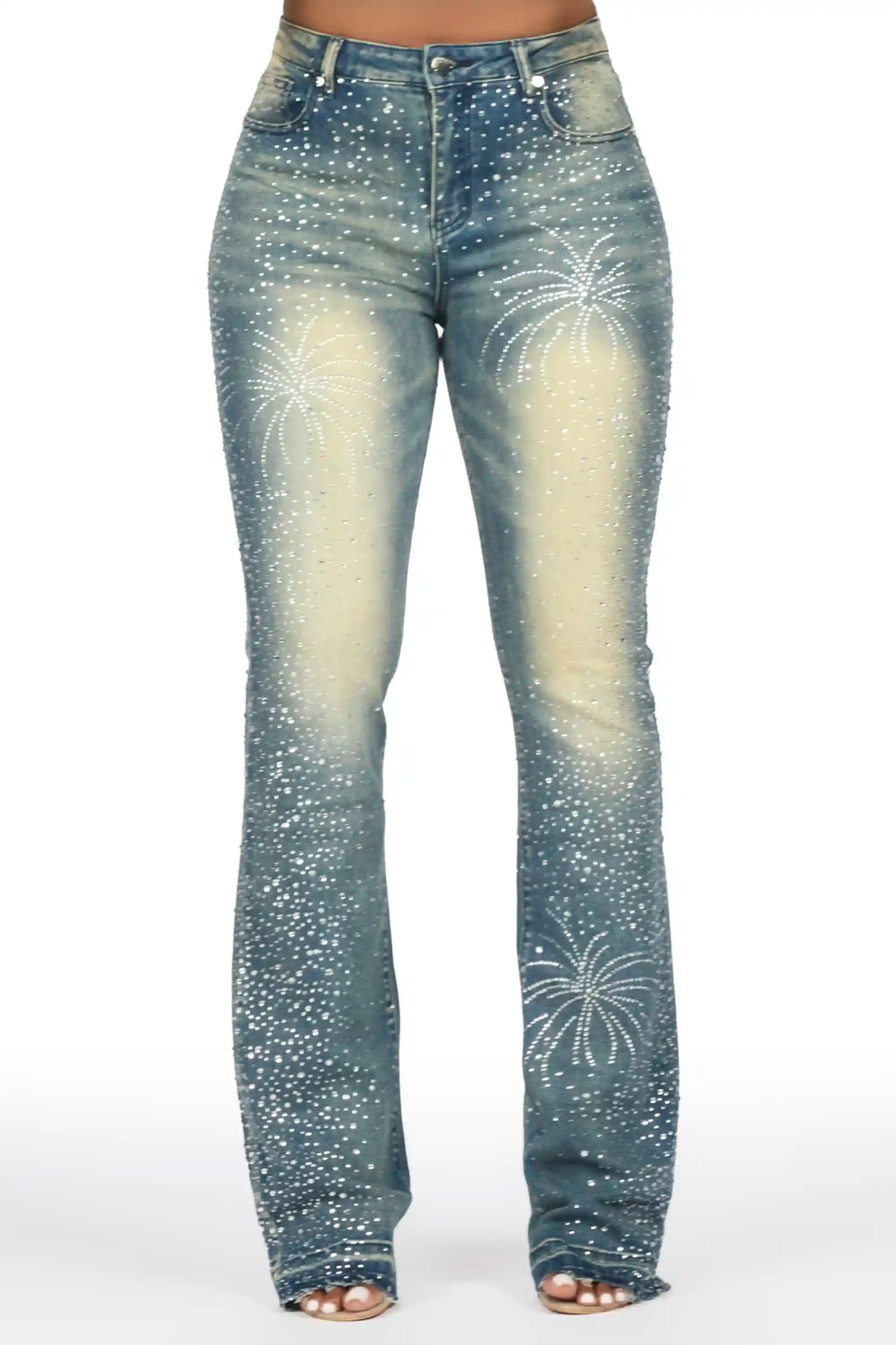 Jamella Dark Wash Rhinestone Stacked Flare Jean