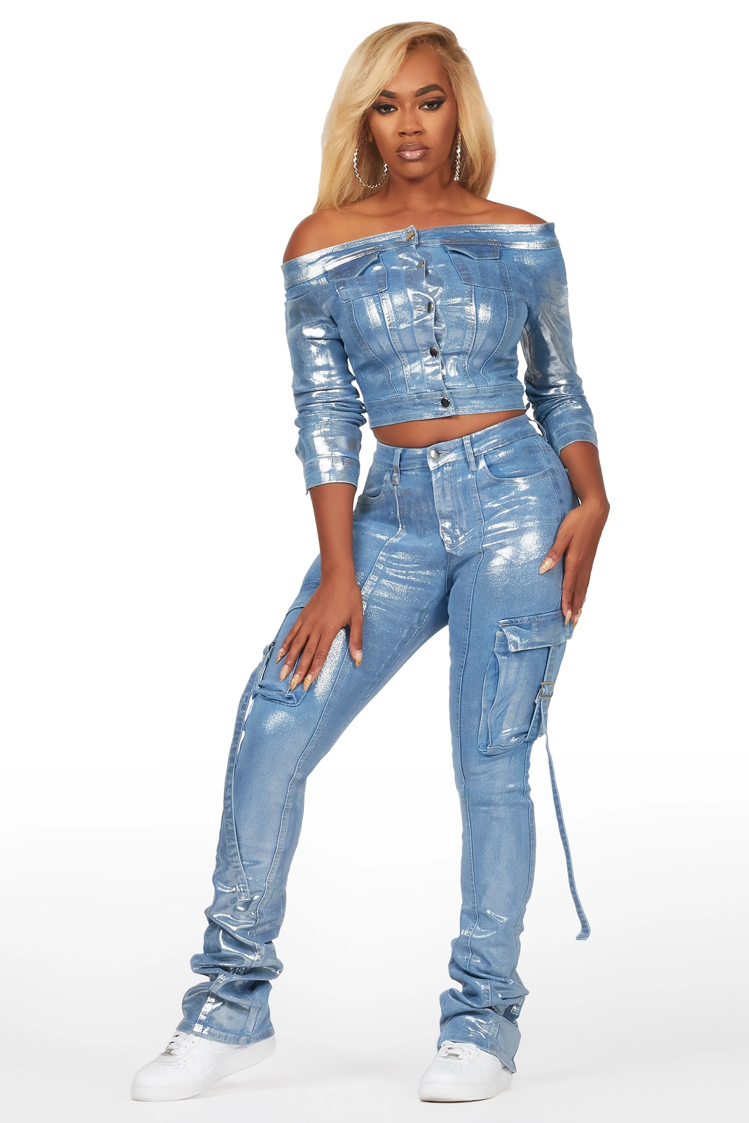 Lovera Light Wash Foiled Stacked Flare Jean