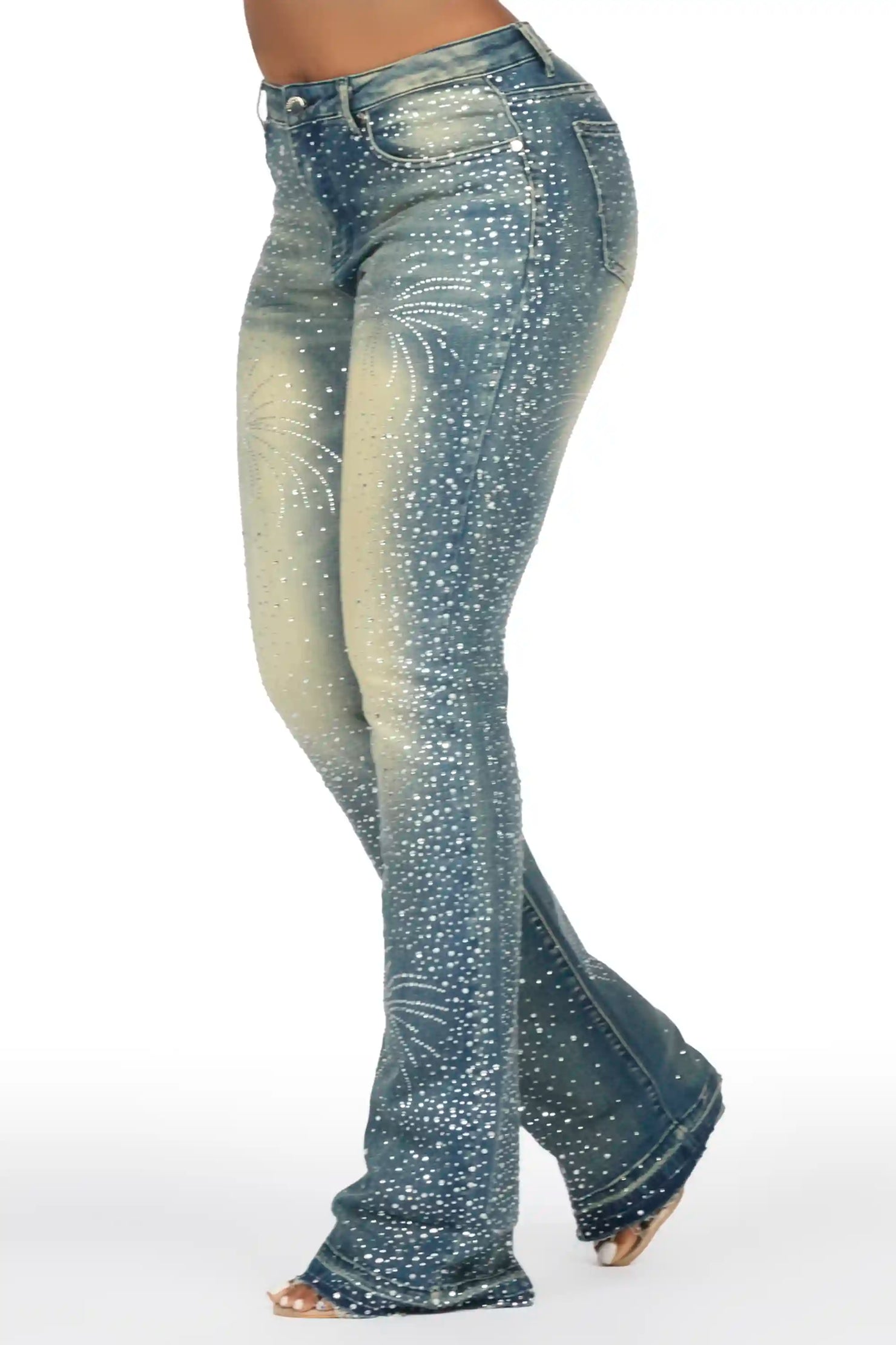 Jamella Dark Wash Rhinestone Stacked Flare Jean