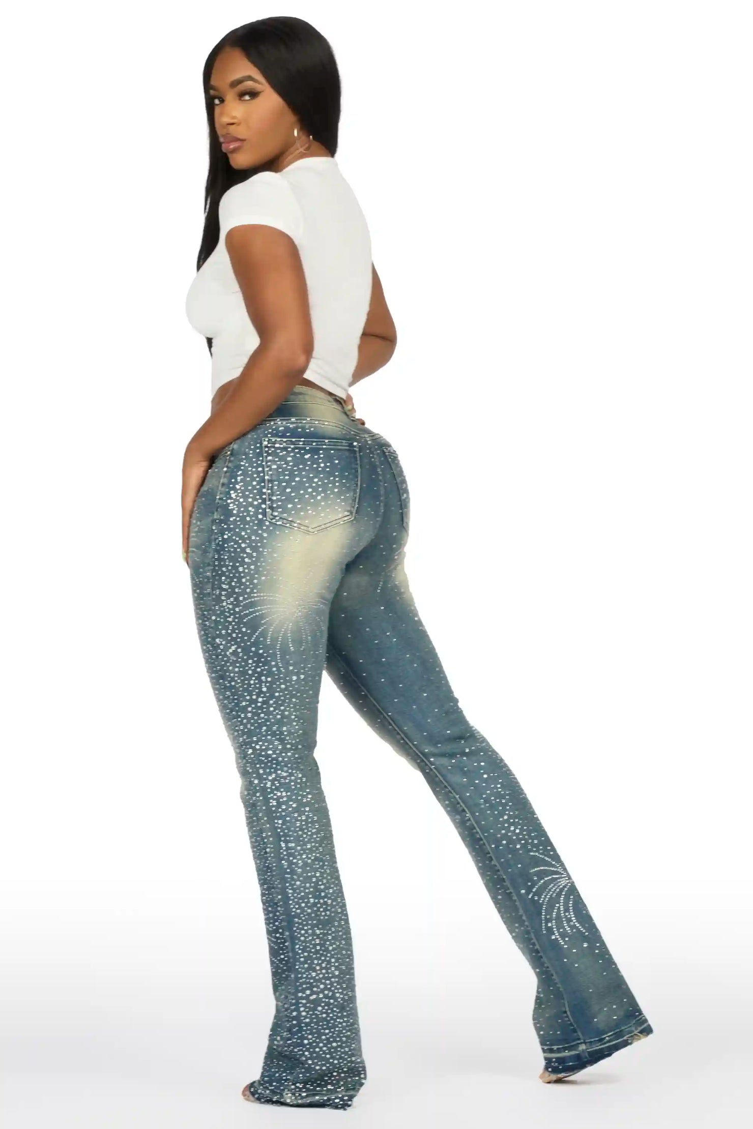 Jamella Dark Wash Rhinestone Stacked Flare Jean