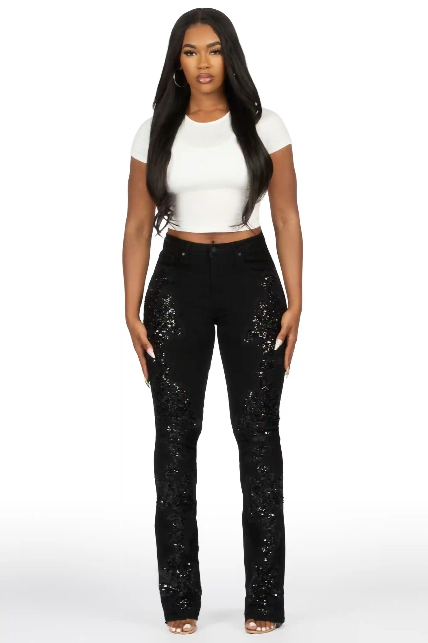 Najja Black Rhinestone Stacked Flare Jean