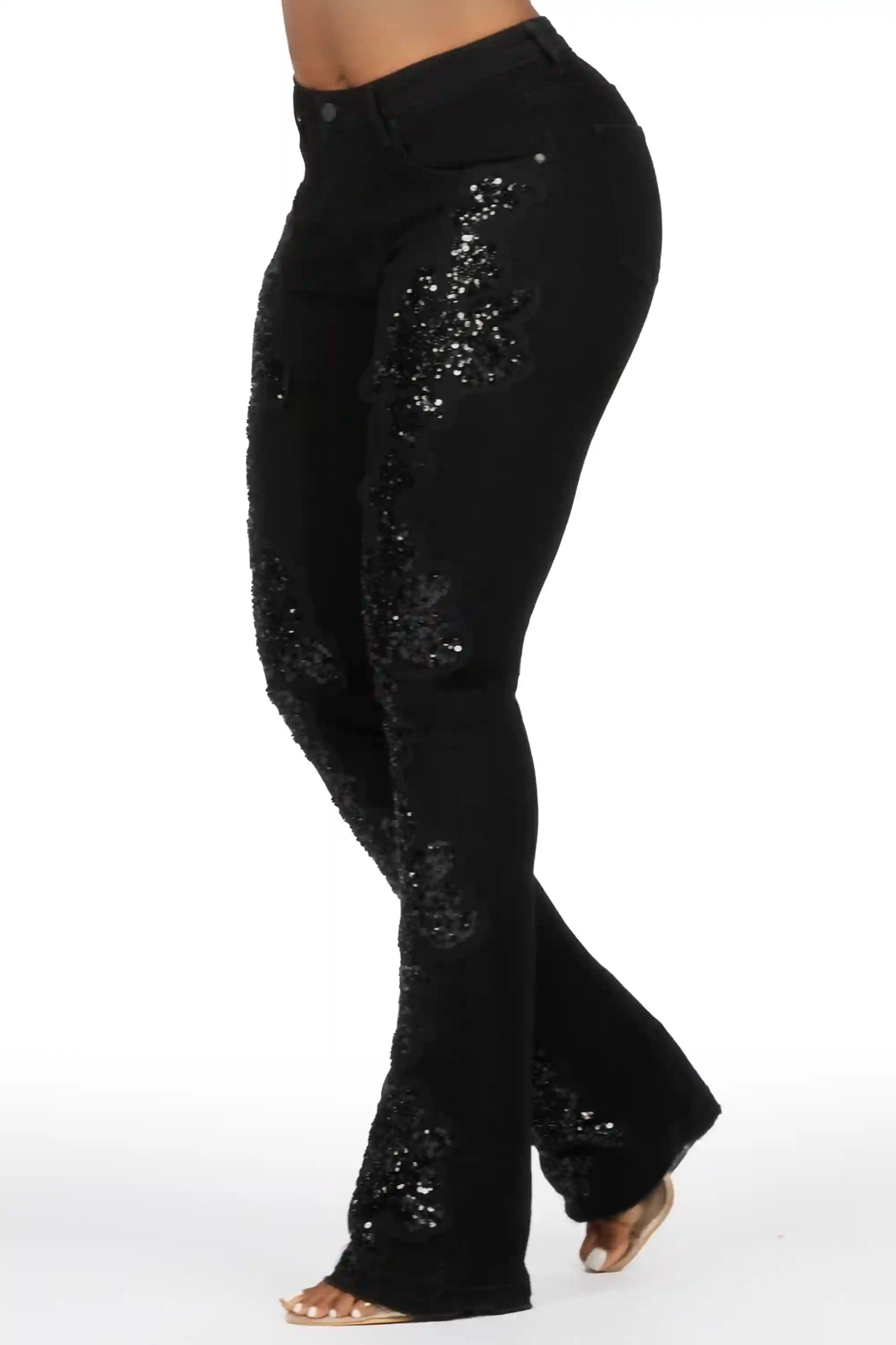 Najja Black Rhinestone Stacked Flare Jean
