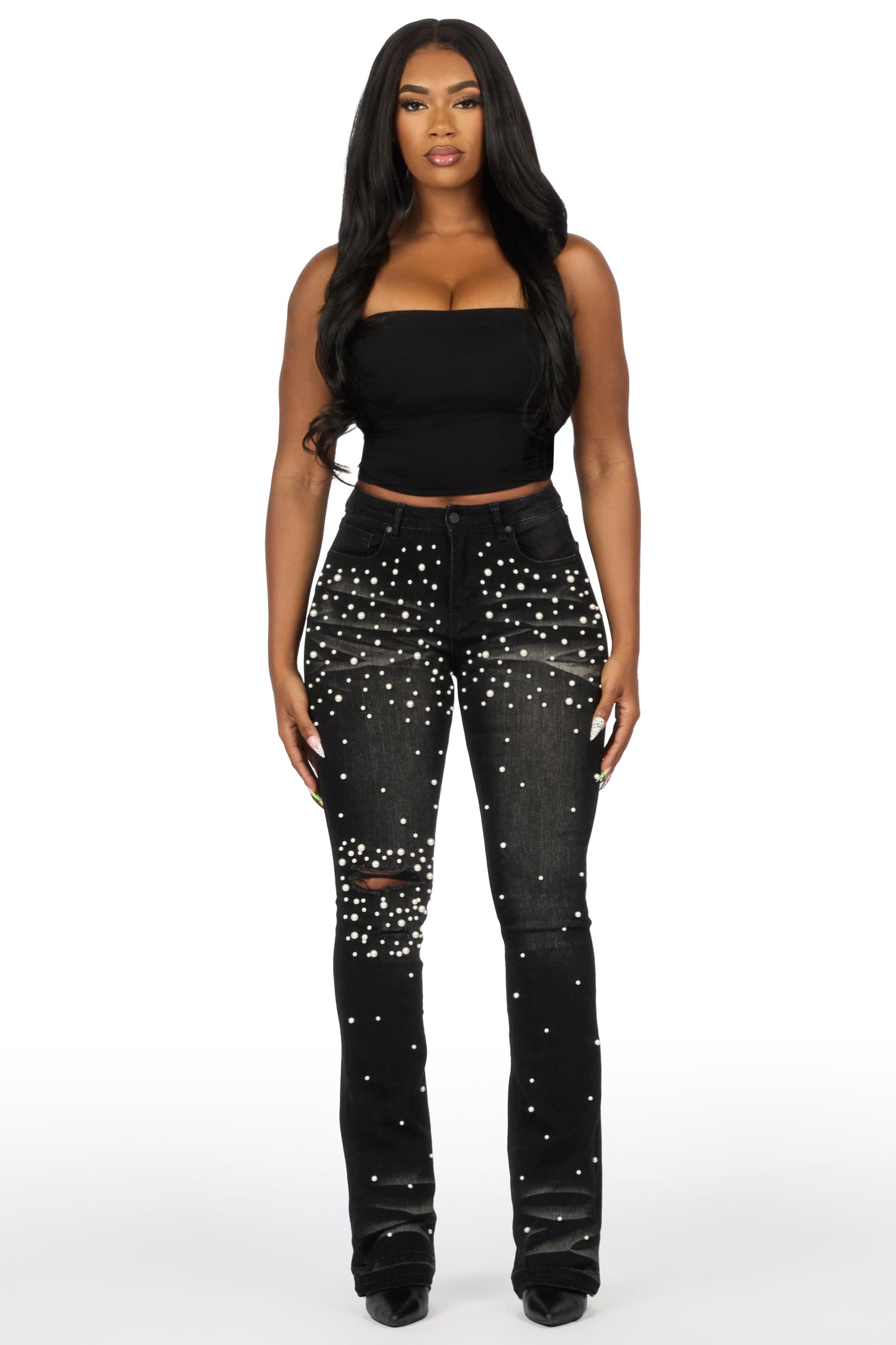 Jeannine Black Pearl Stacked Flare Jean