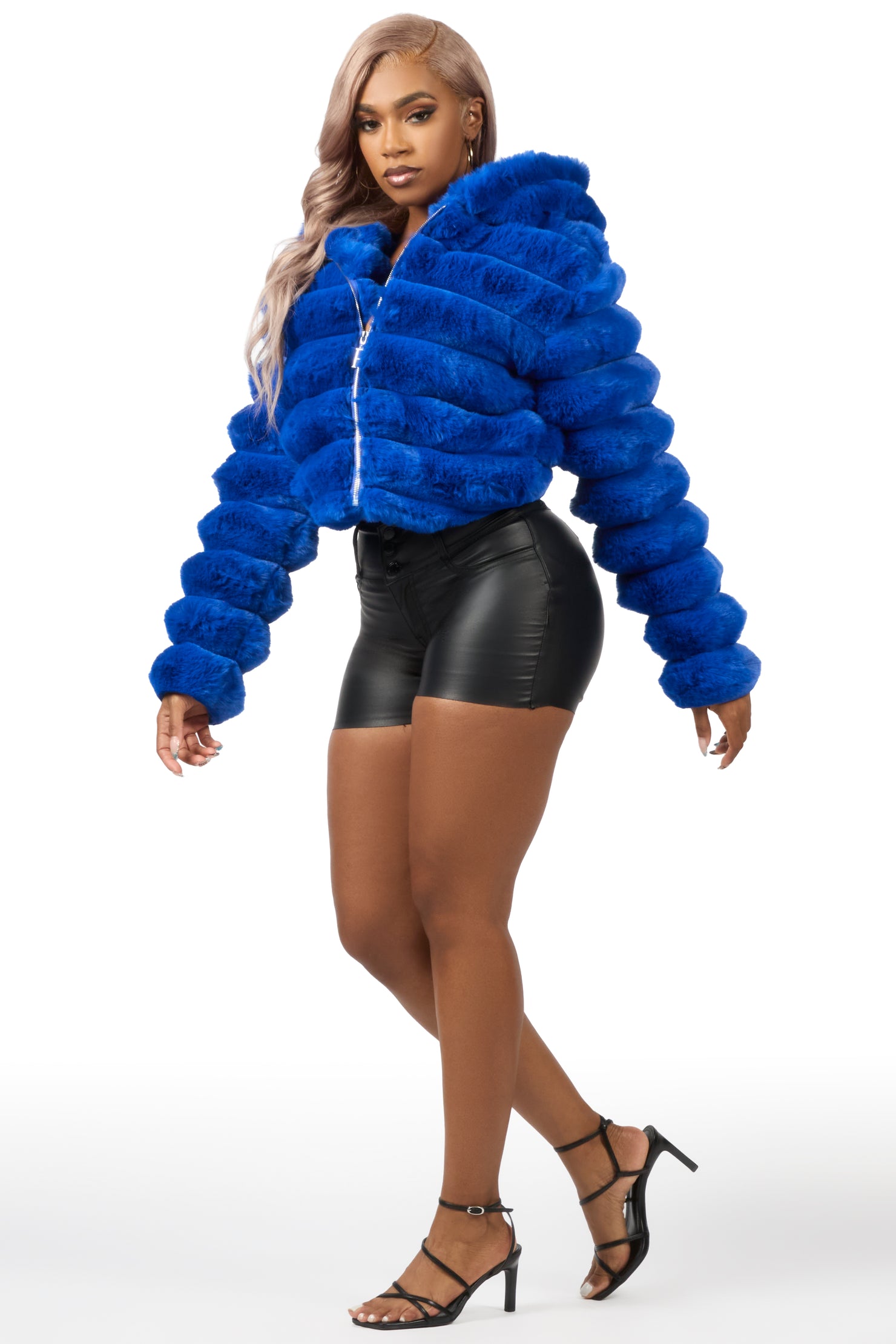 Vinetria Royal Blue Fur Jacket With Hood