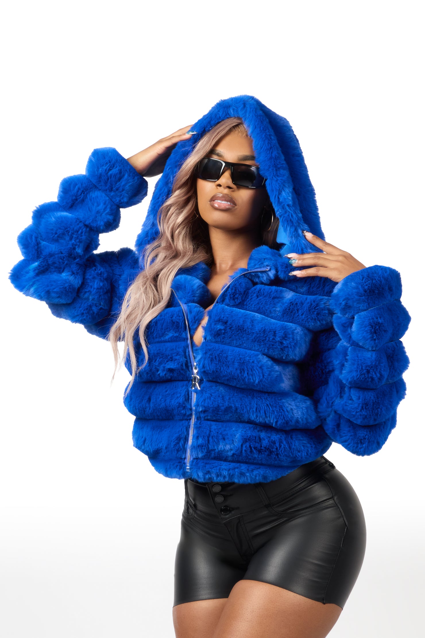 Vinetria Royal Blue Fur Jacket With Hood