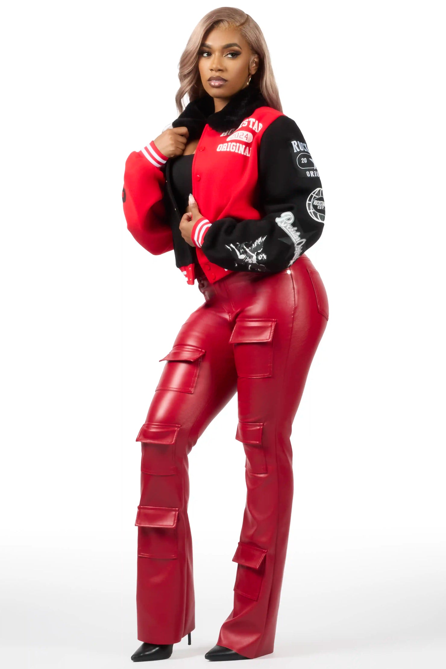 Keazhanae Red PU Cargo Stacked Flare Pant