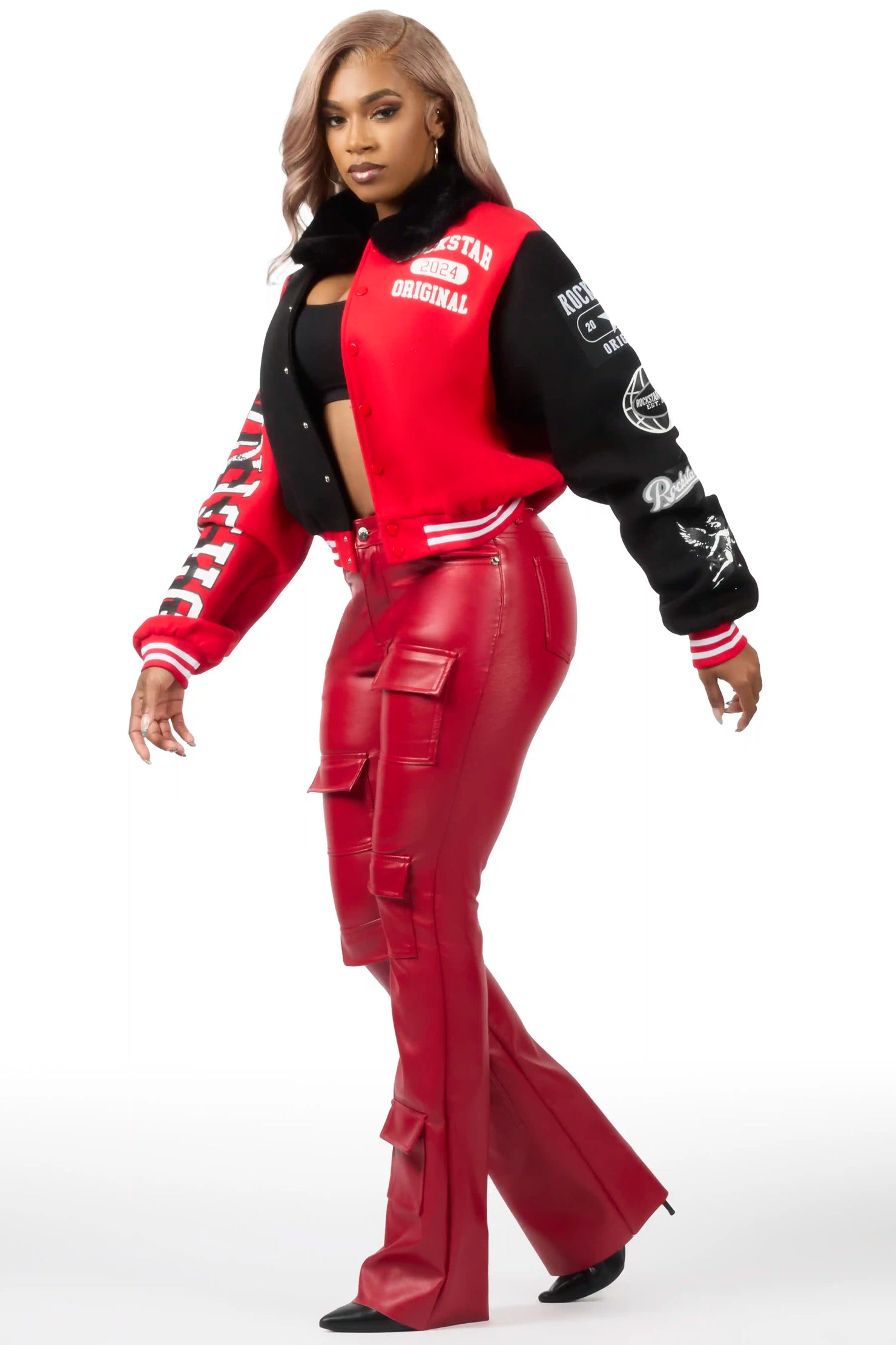 Keazhanae Red PU Cargo Stacked Flare Pant