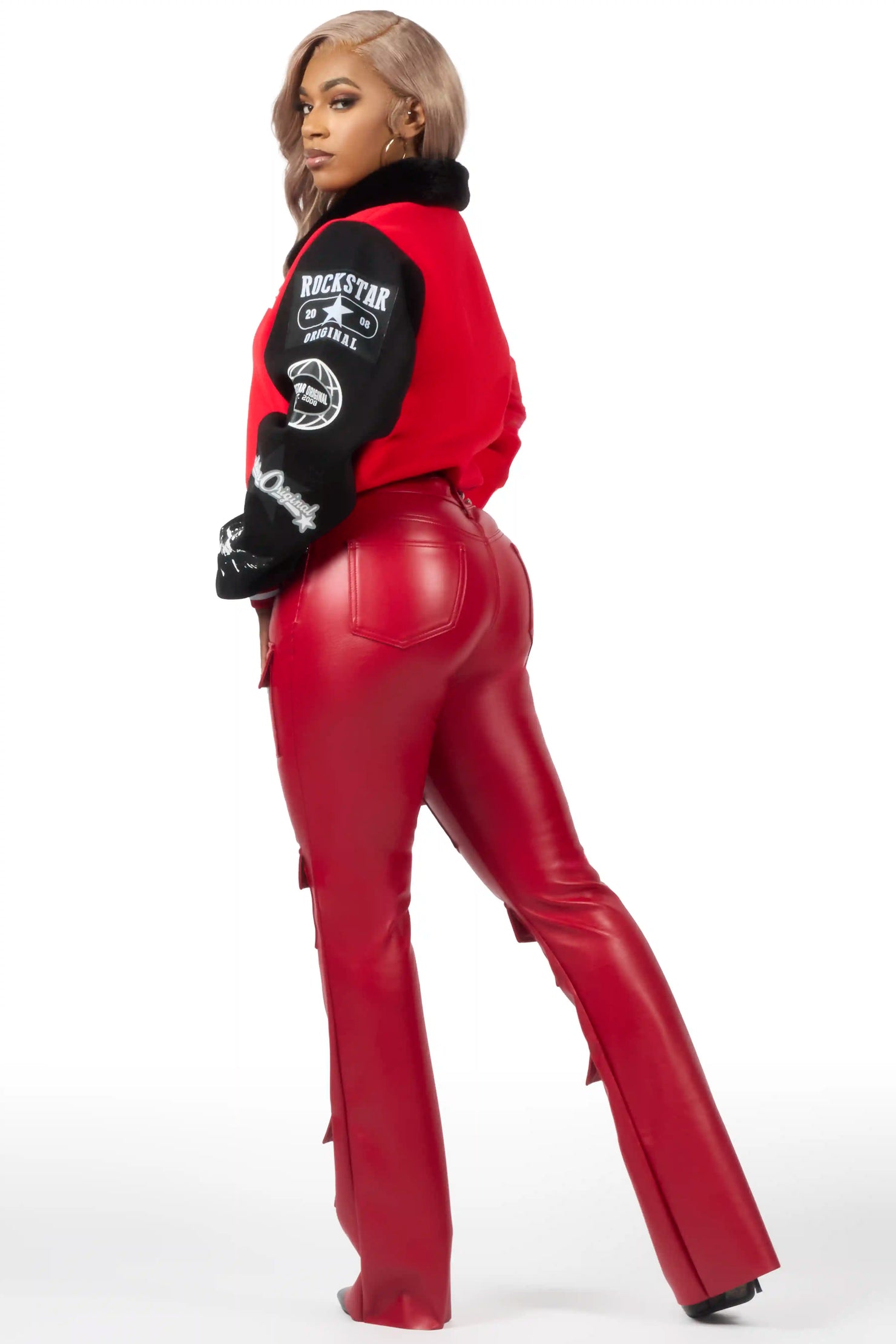Keazhanae Red PU Cargo Stacked Flare Pant