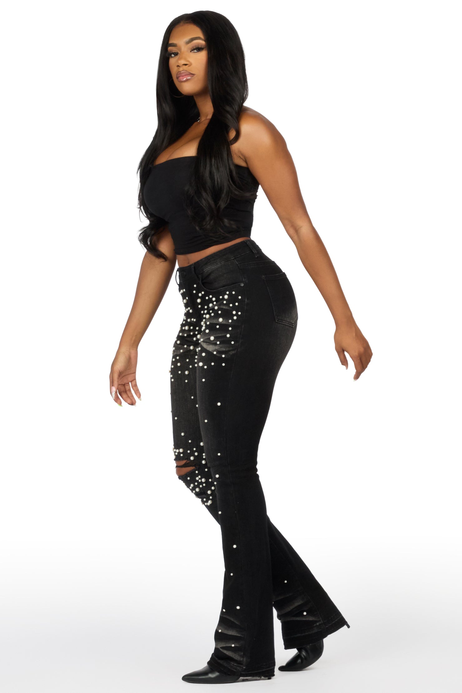 Jeannine Black Pearl Stacked Flare Jean