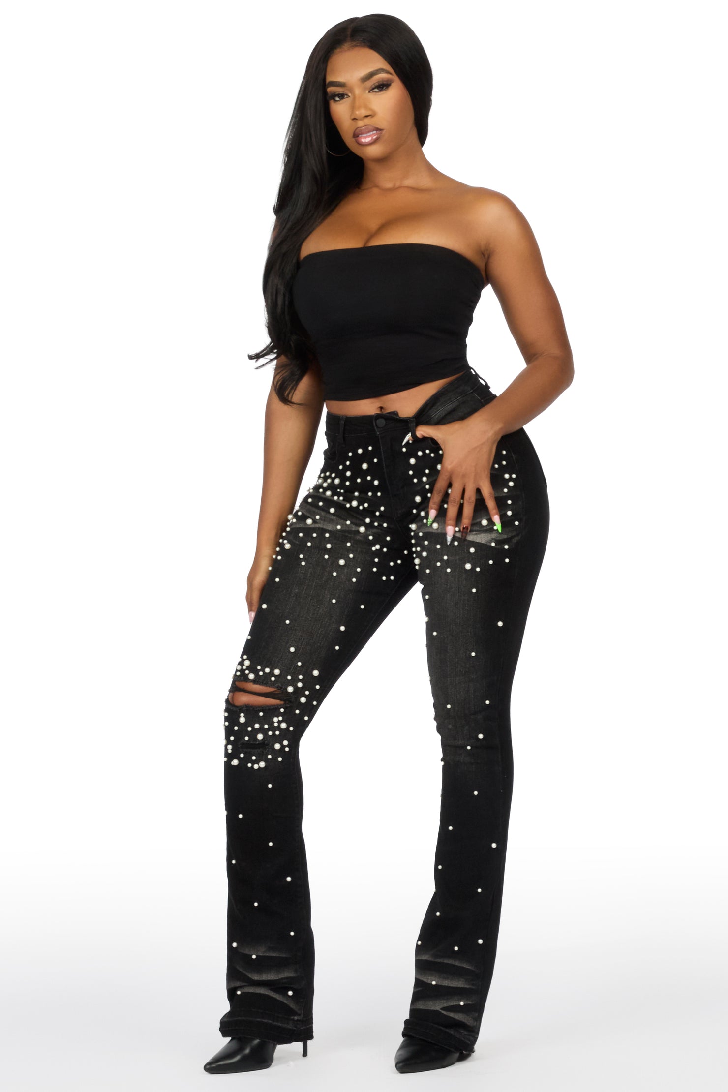 Jeannine Black Pearl Stacked Flare Jean