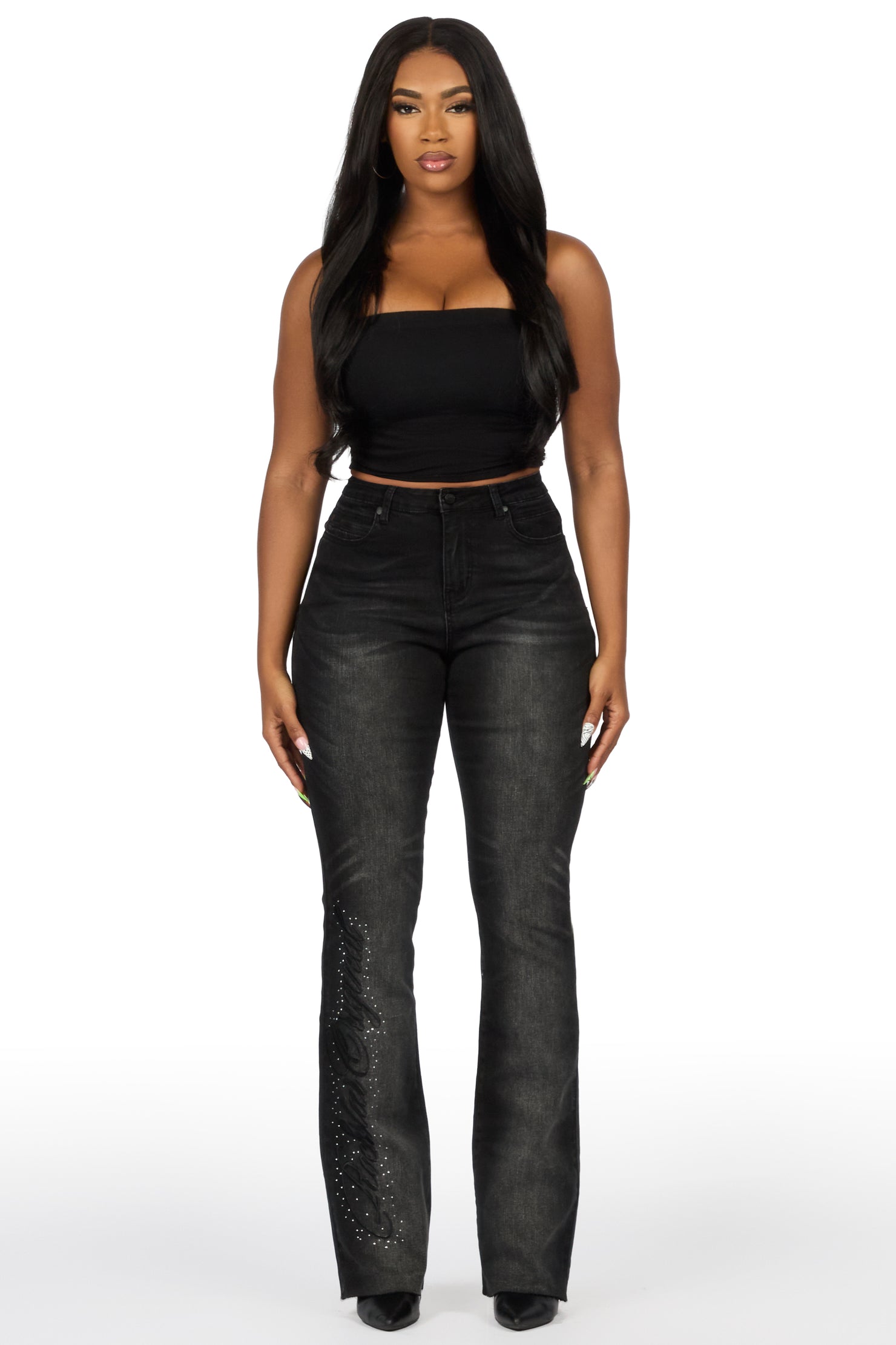 Calisa Black Rhinestone Stacked Flare Jean